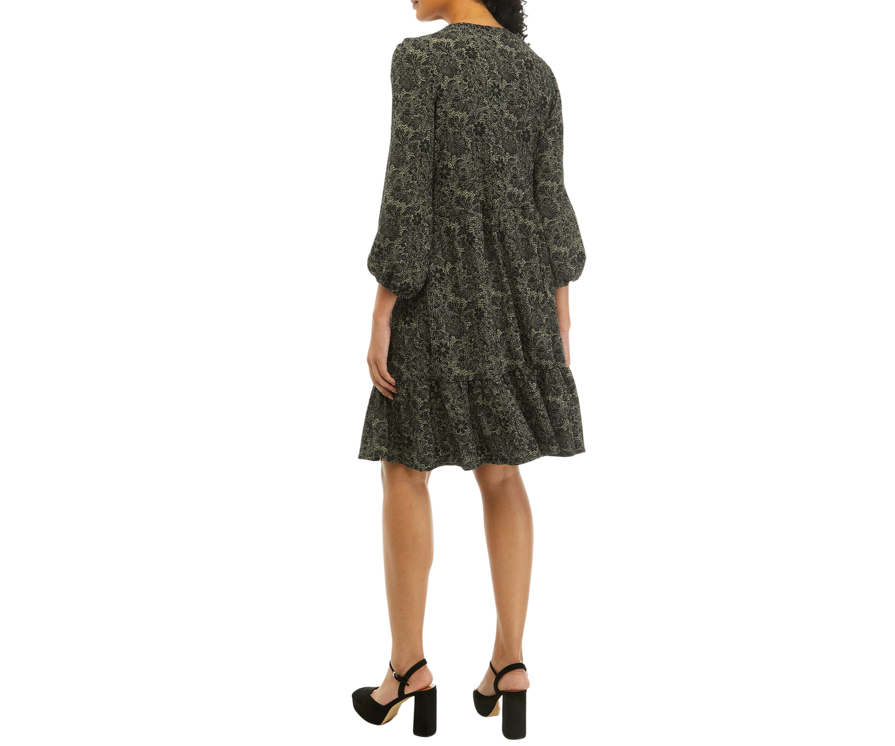 Womens 3/4 Sleeve Scoop Neck Floral Print Crepe Dress