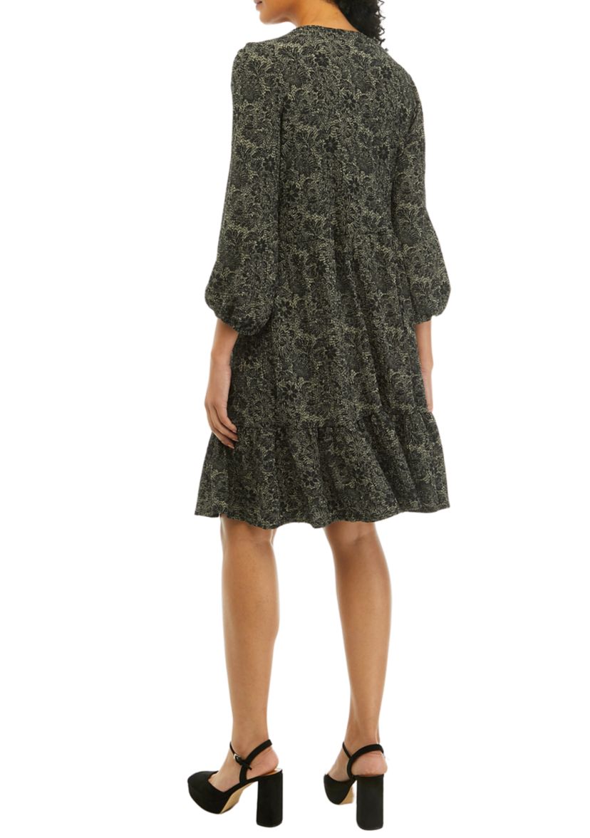 Womens 3/4 Sleeve Scoop Neck Floral Print Crepe Dress