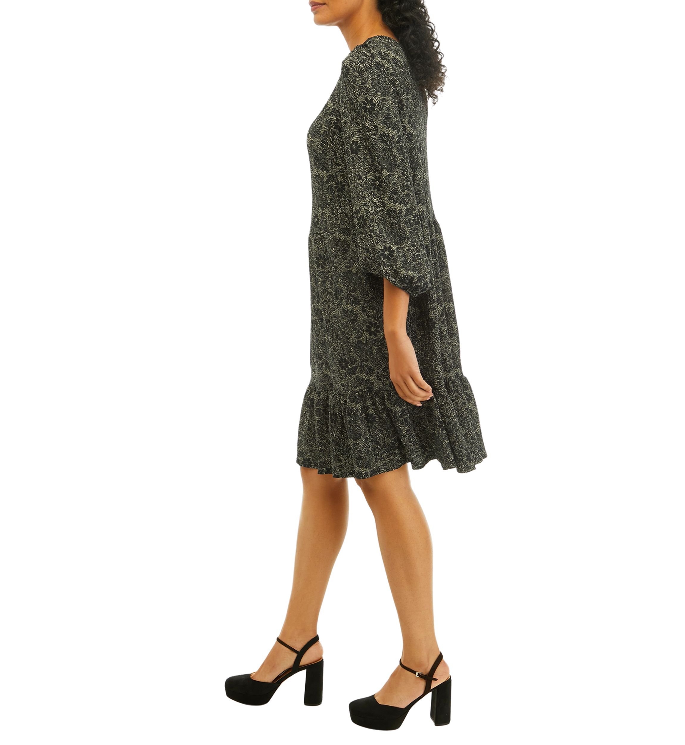 Womens 3/4 Sleeve Scoop Neck Floral Print Crepe Dress