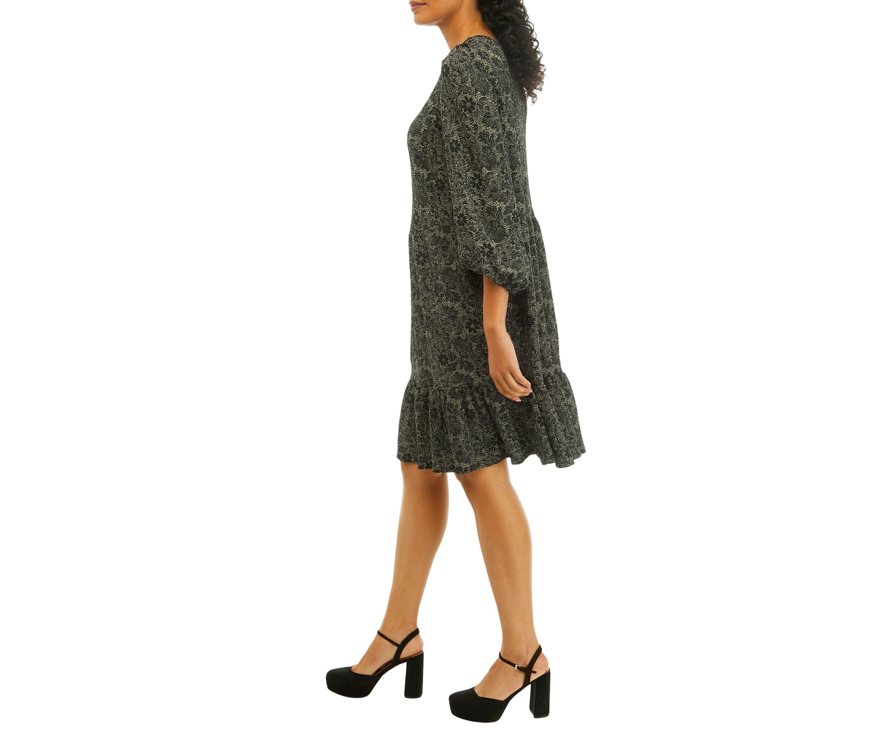 Womens 3/4 Sleeve Scoop Neck Floral Print Crepe Dress