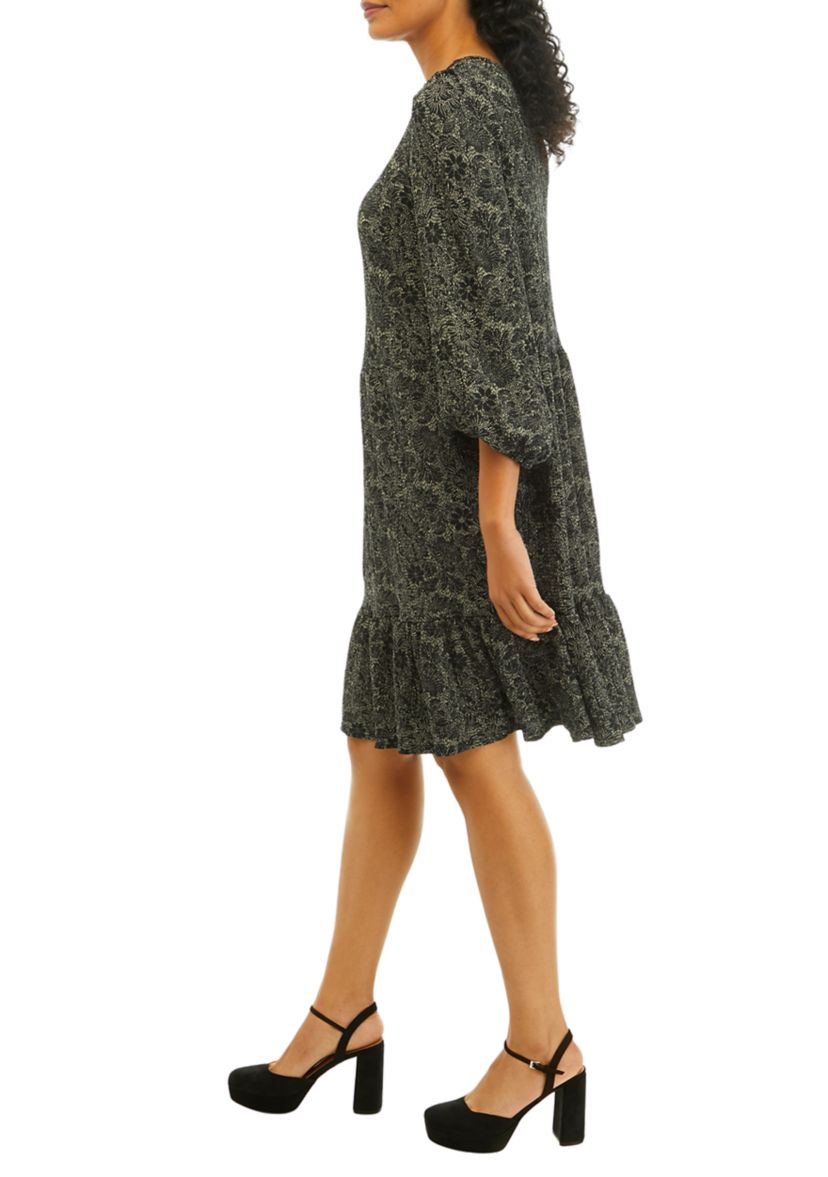 Womens 3/4 Sleeve Scoop Neck Floral Print Crepe Dress