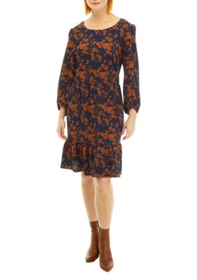 Women's Long Sleeve Scoop Neck Floral Print Crepe Dress