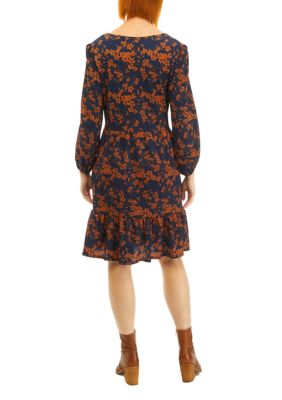 Women's Long Sleeve Scoop Neck Floral Print Crepe Dress