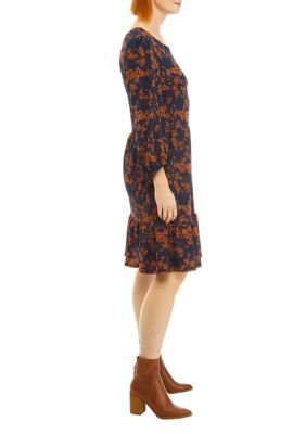 Women's Long Sleeve Scoop Neck Floral Print Crepe Dress