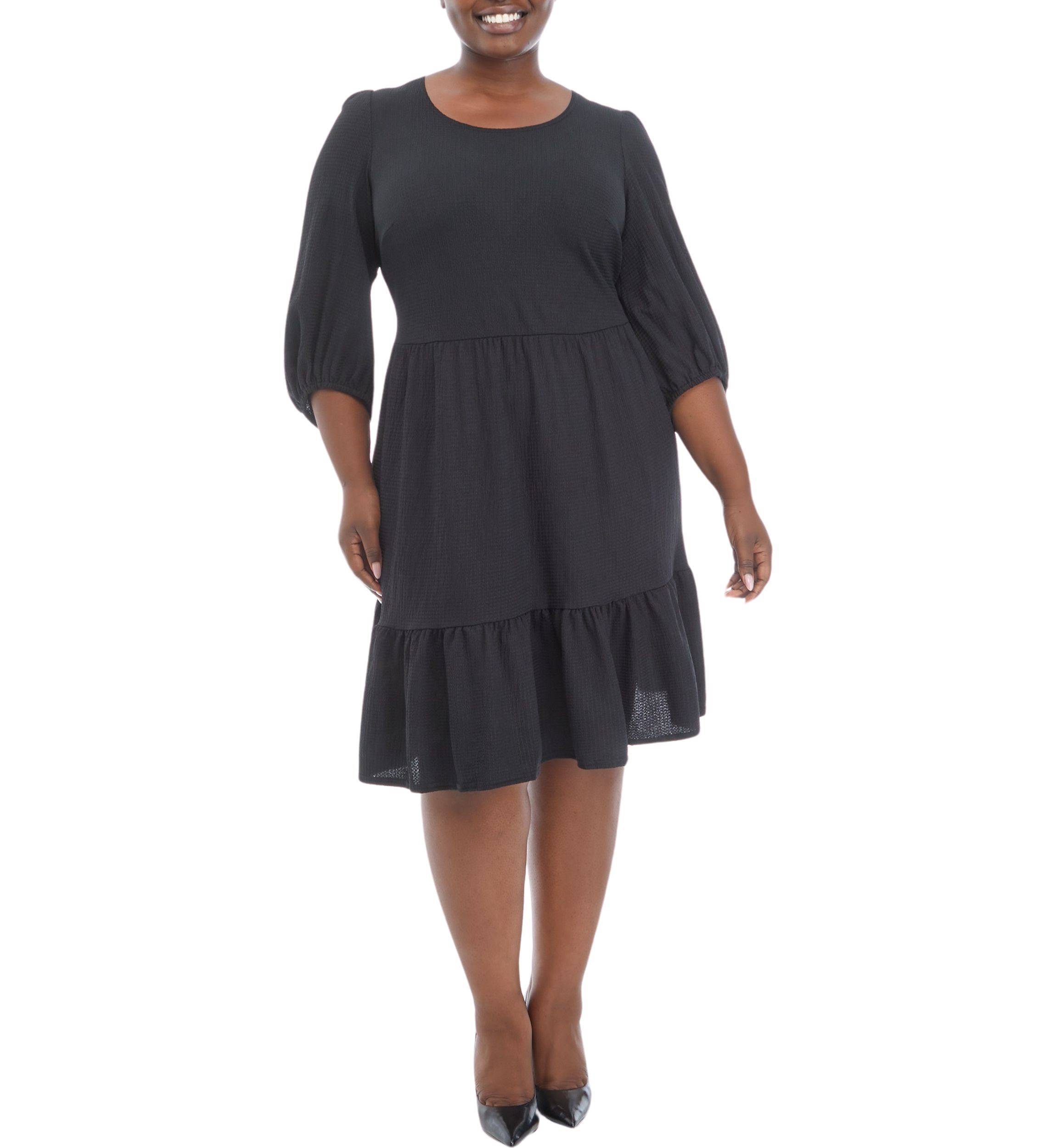 Plus Size 3/4 Sleeve Scoop Neck Solid Bubble Crepe Dress