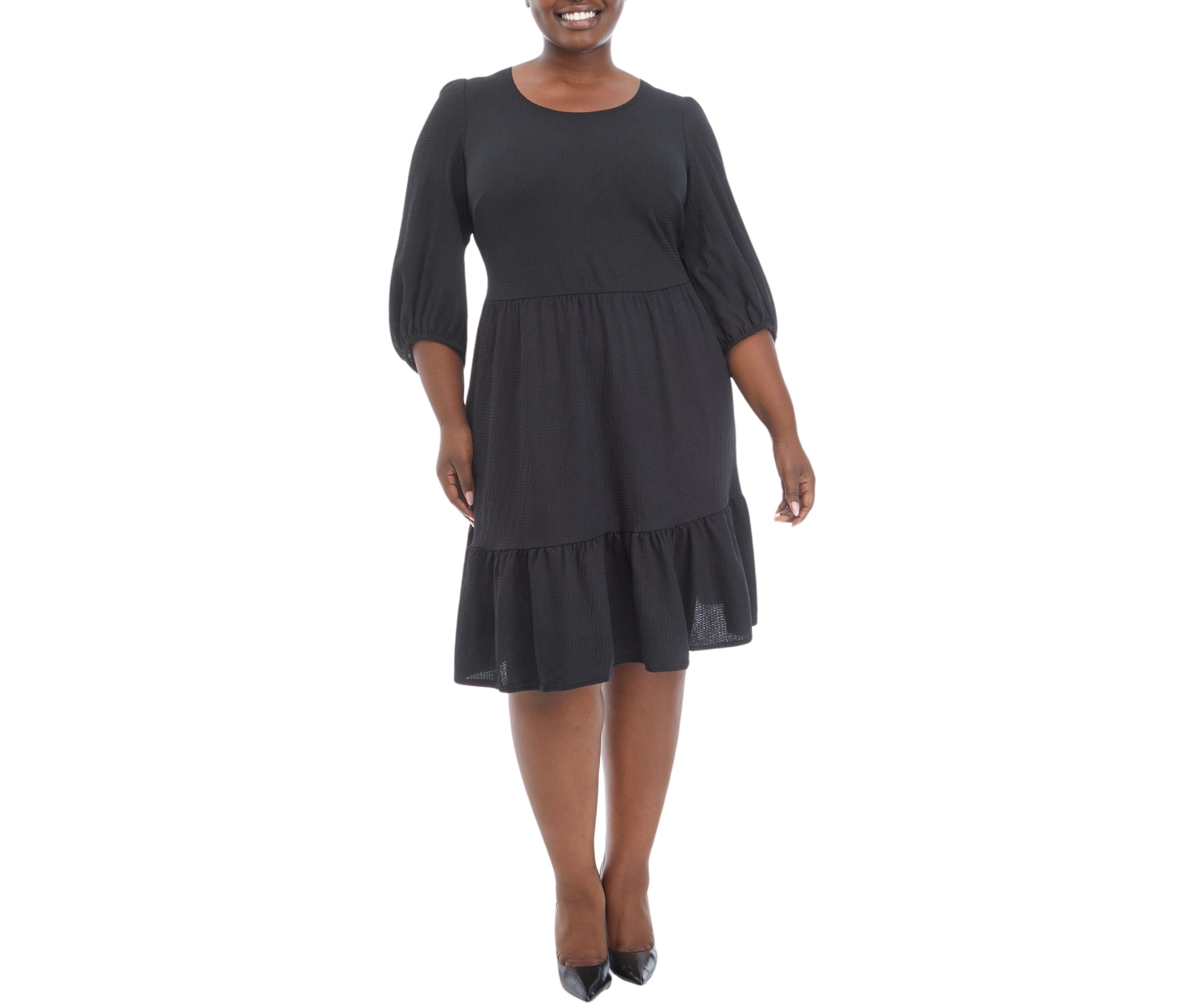 Plus Size 3/4 Sleeve Scoop Neck Solid Bubble Crepe Dress