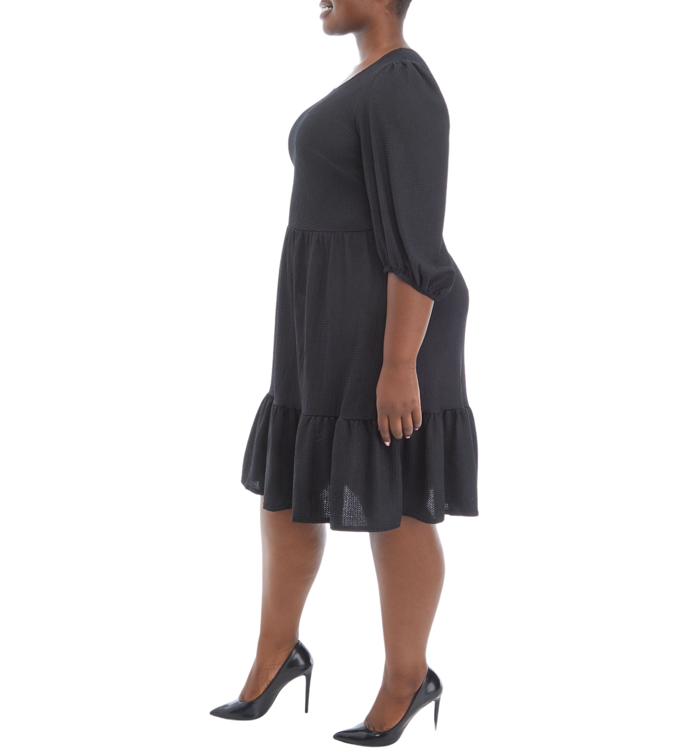 Plus Size 3/4 Sleeve Scoop Neck Solid Bubble Crepe Dress