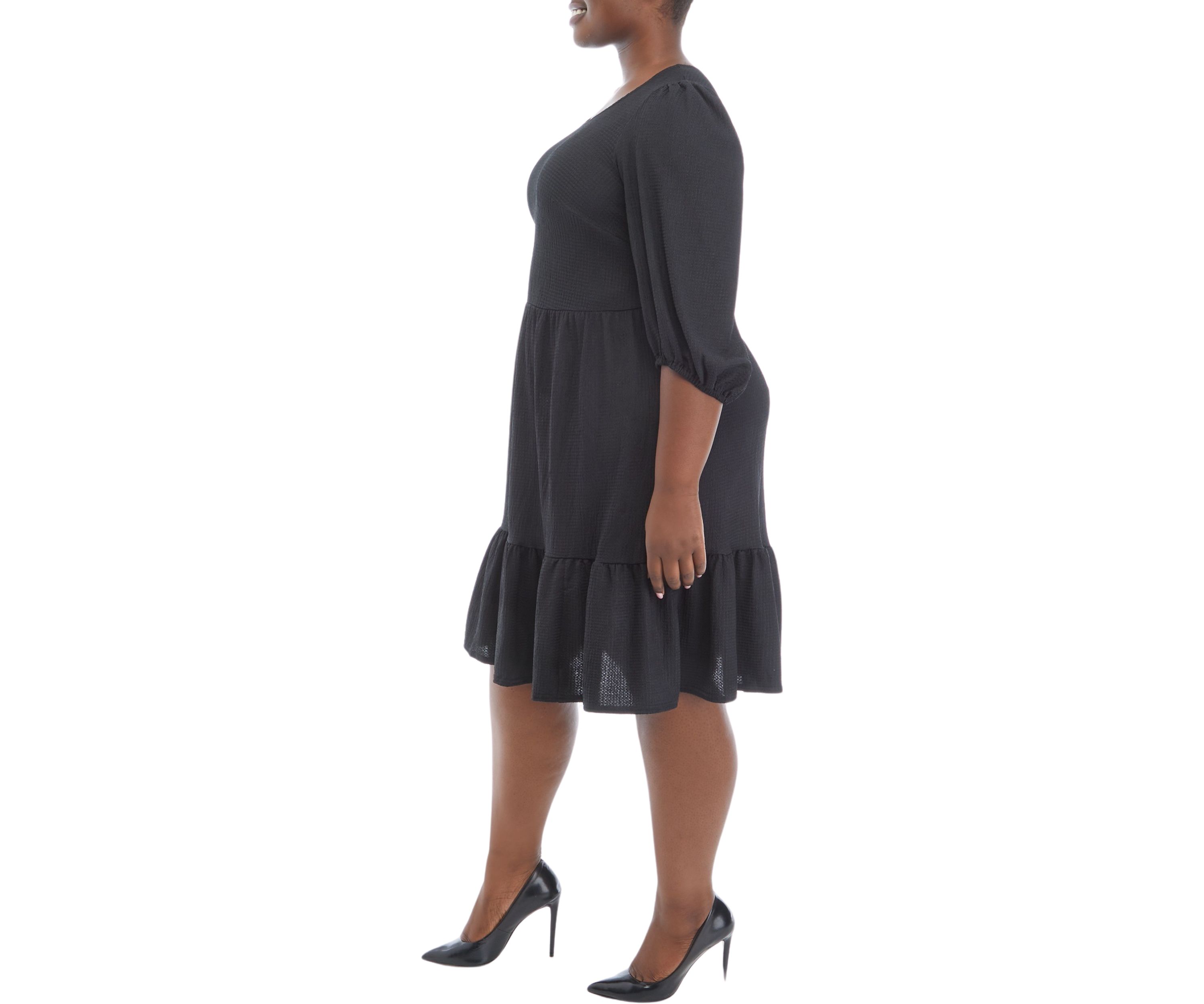 Plus Size 3/4 Sleeve Scoop Neck Solid Bubble Crepe Dress
