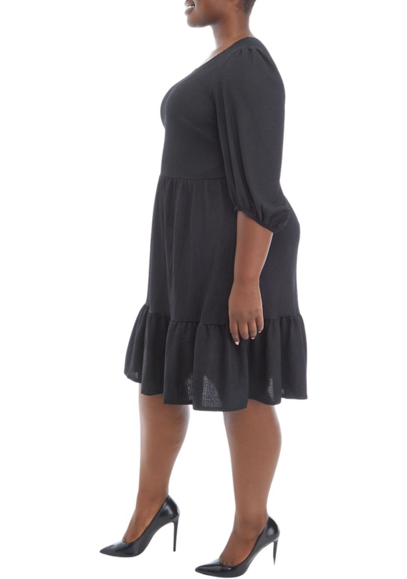 Plus Size 3/4 Sleeve Scoop Neck Solid Bubble Crepe Dress