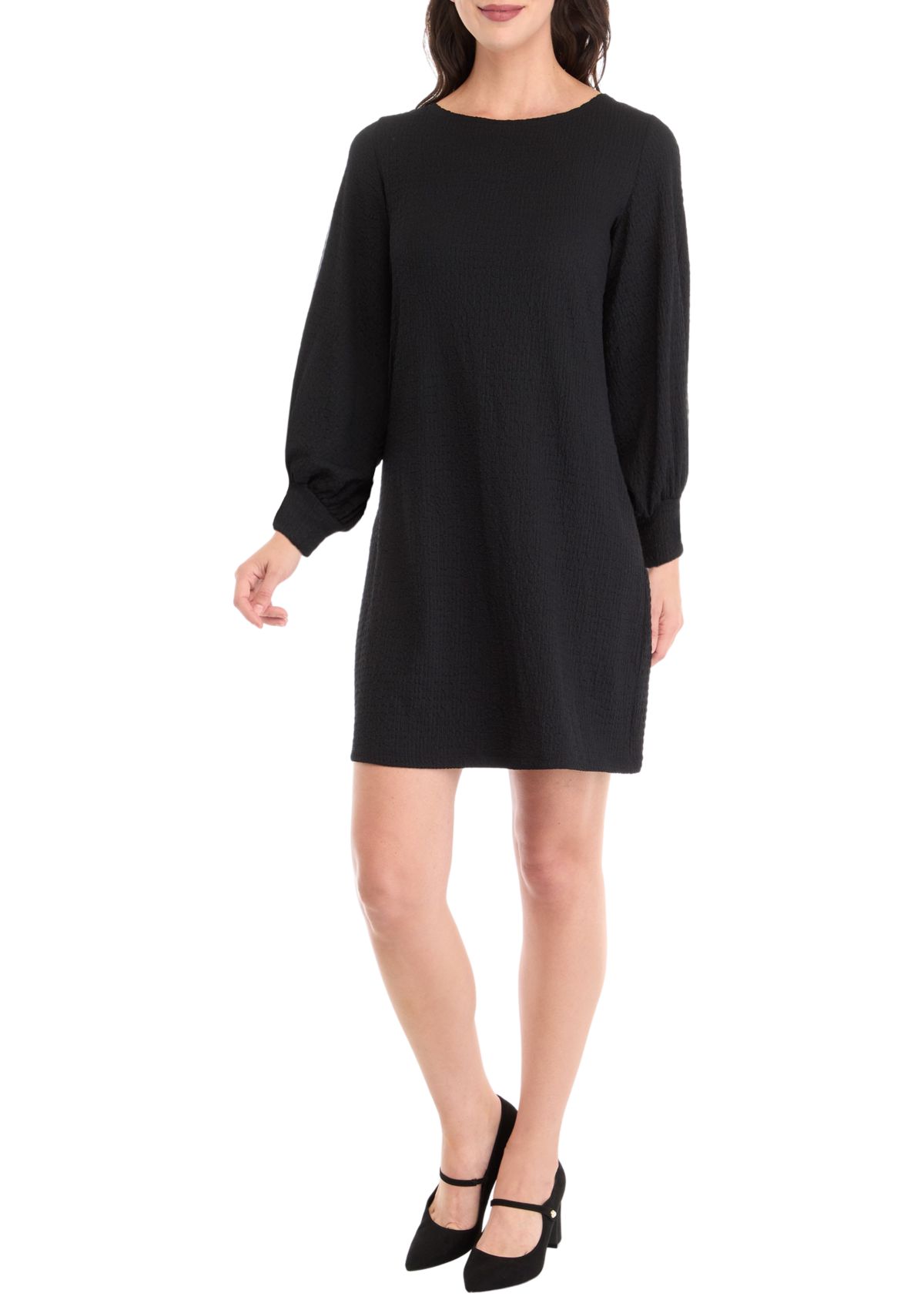 Womens Long Puff Sleeve Crew Neck Solid A-Line Dress