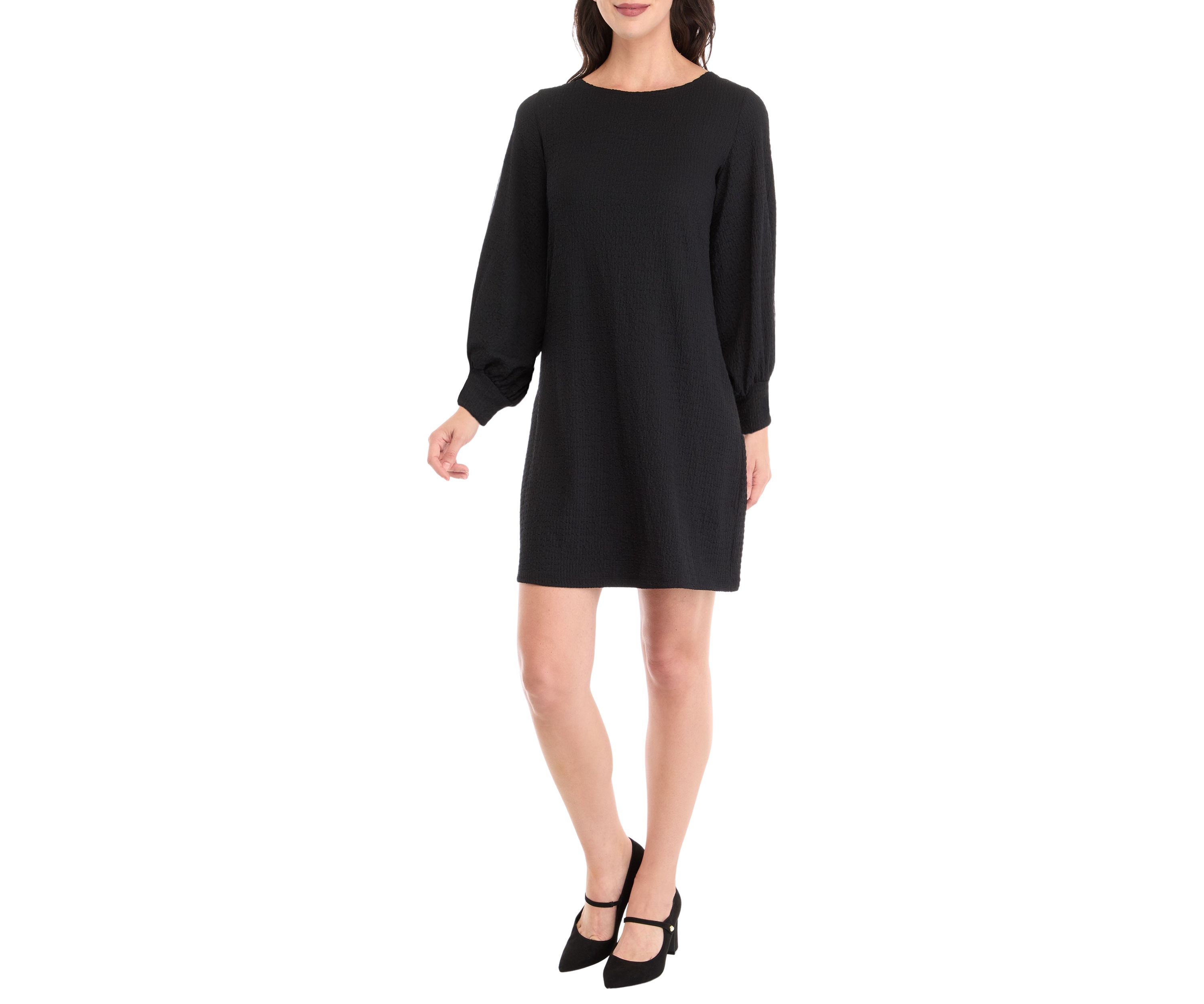 Womens Long Puff Sleeve Crew Neck Solid A-Line Dress