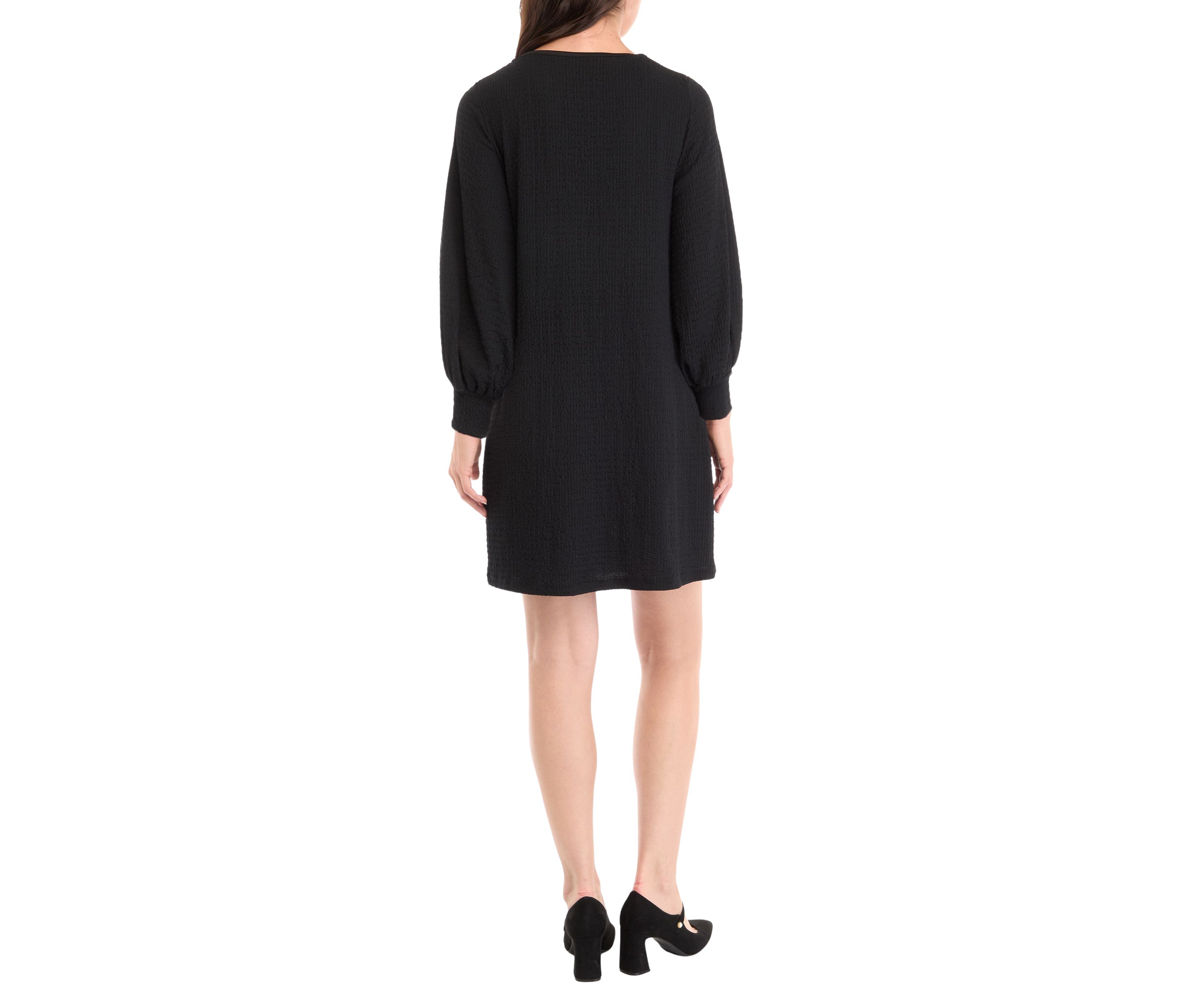 Womens Long Puff Sleeve Crew Neck Solid A-Line Dress