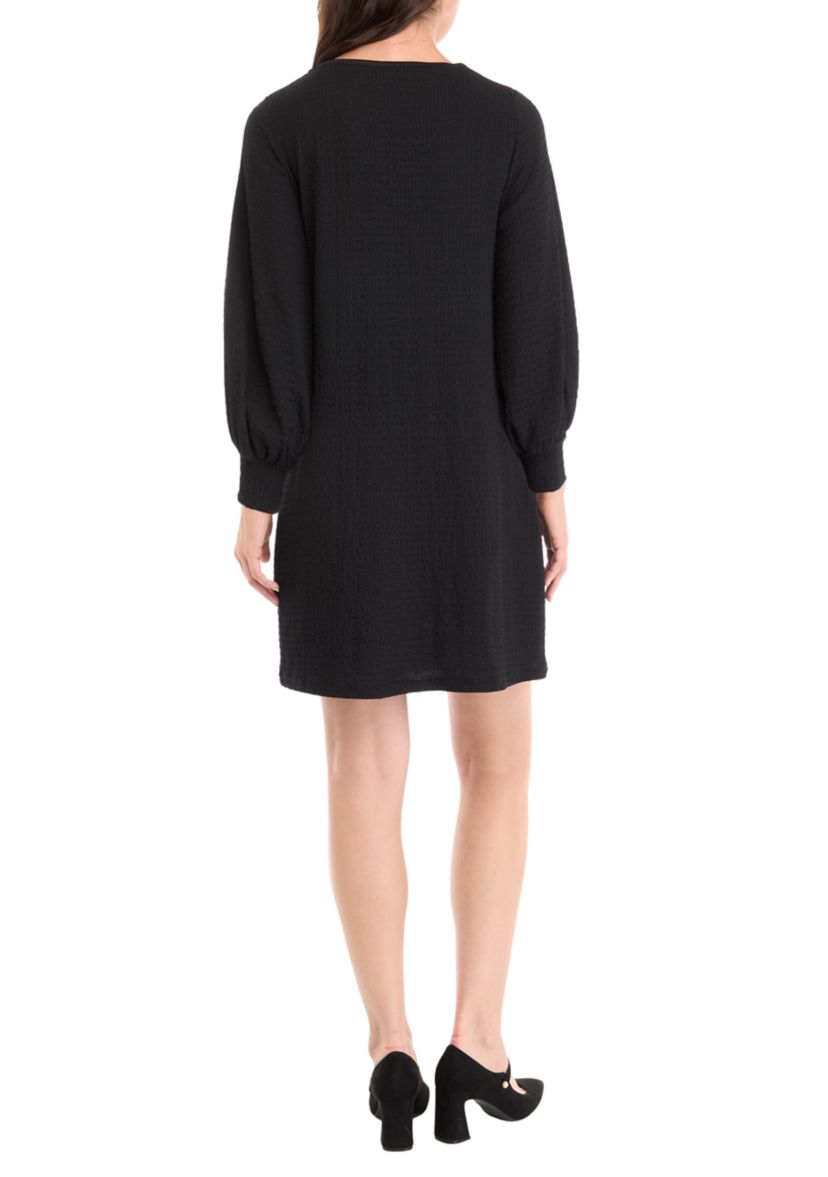 Womens Long Puff Sleeve Crew Neck Solid A-Line Dress