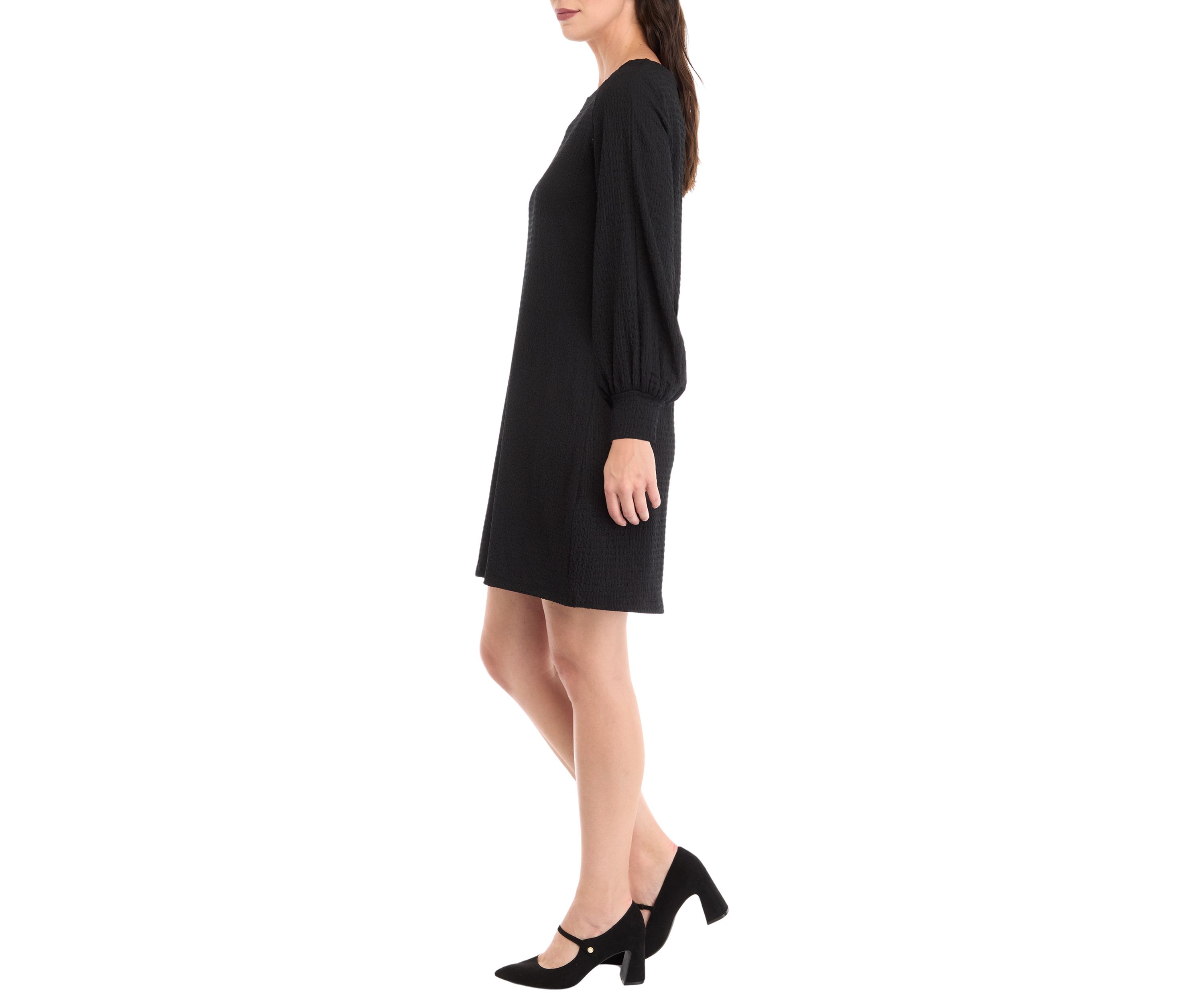 Womens Long Puff Sleeve Crew Neck Solid A-Line Dress