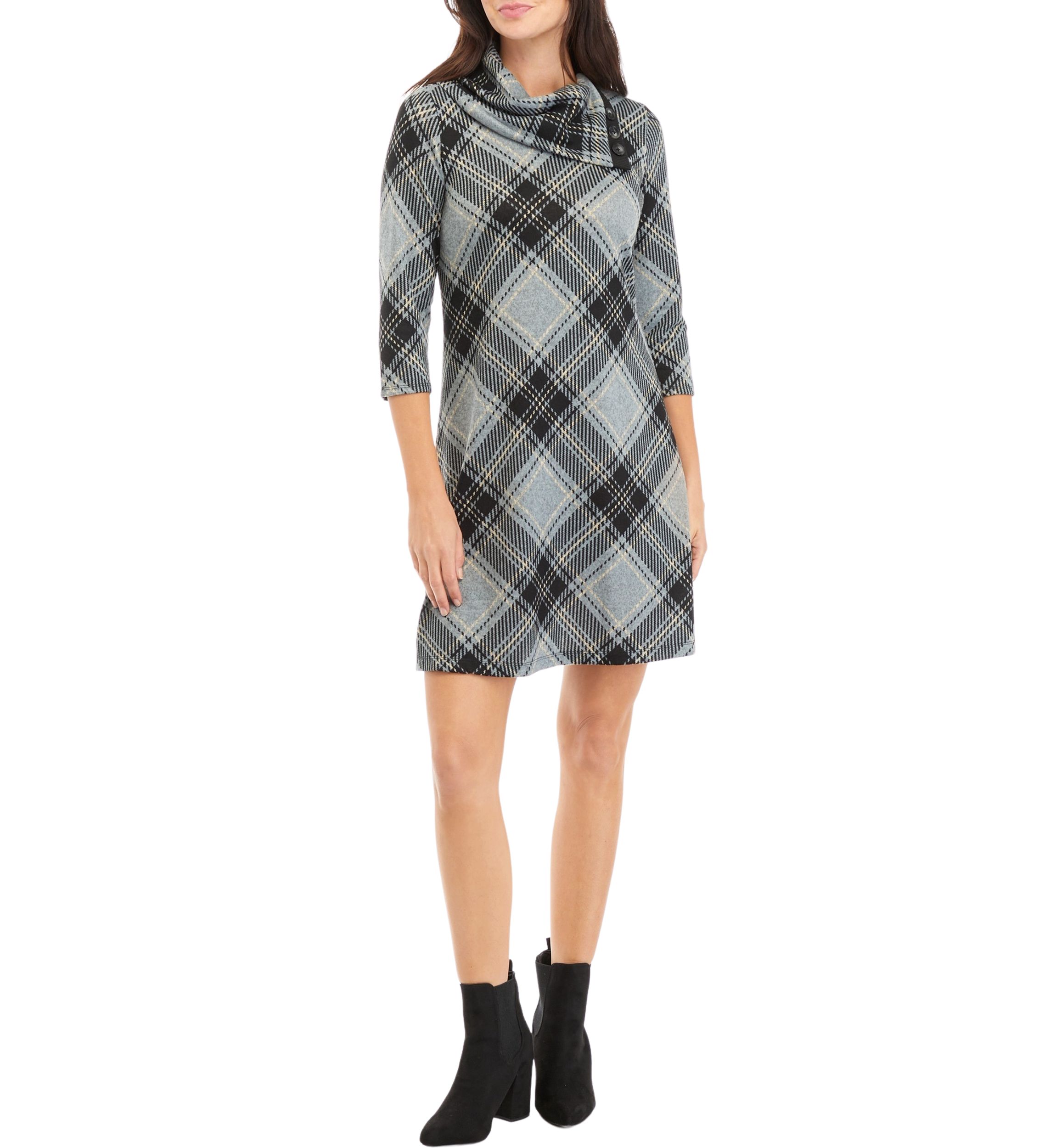 Womens 3/4 Sleeve Plaid A-Line Cozy Dress
