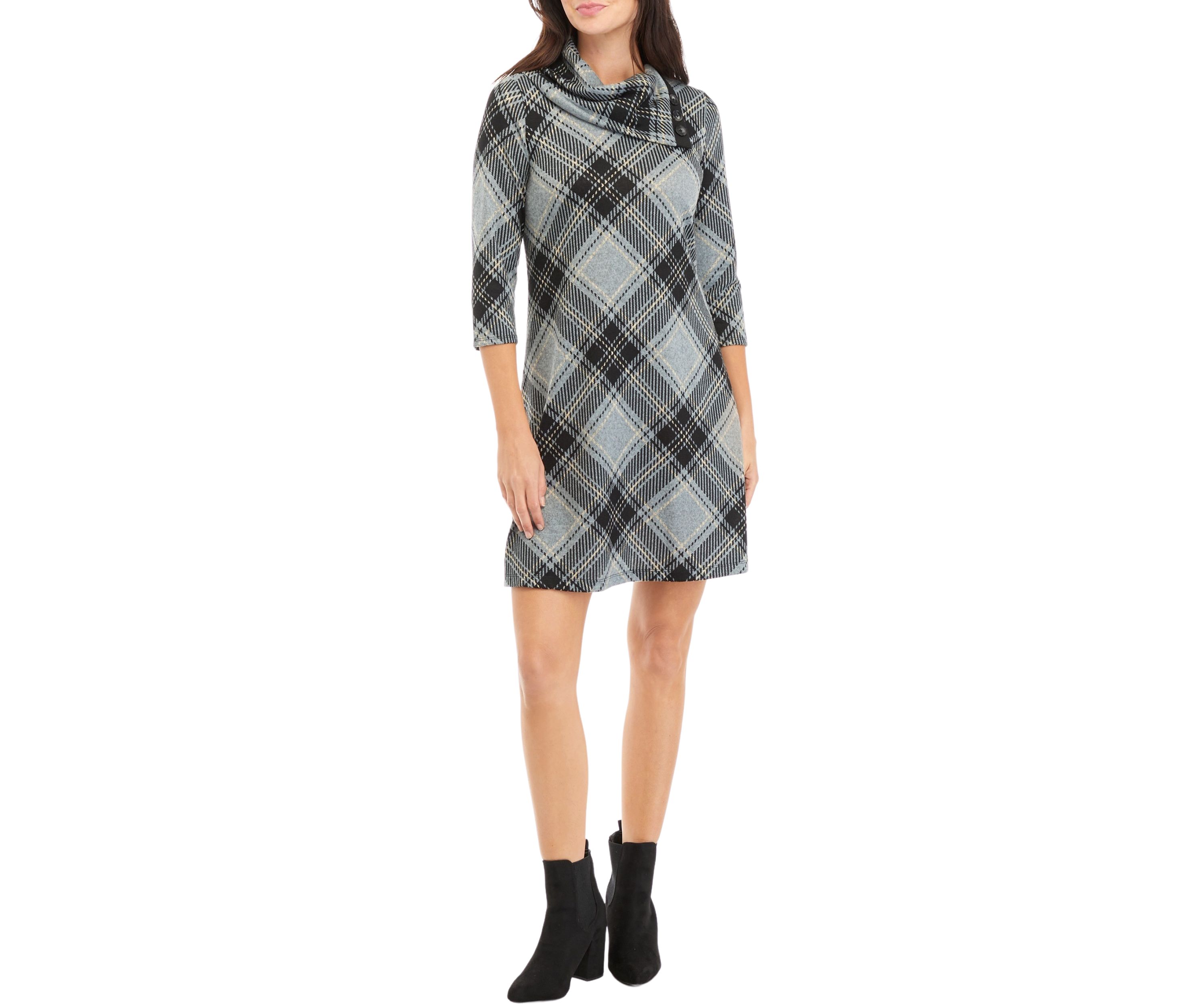 Womens 3/4 Sleeve Plaid A-Line Cozy Dress