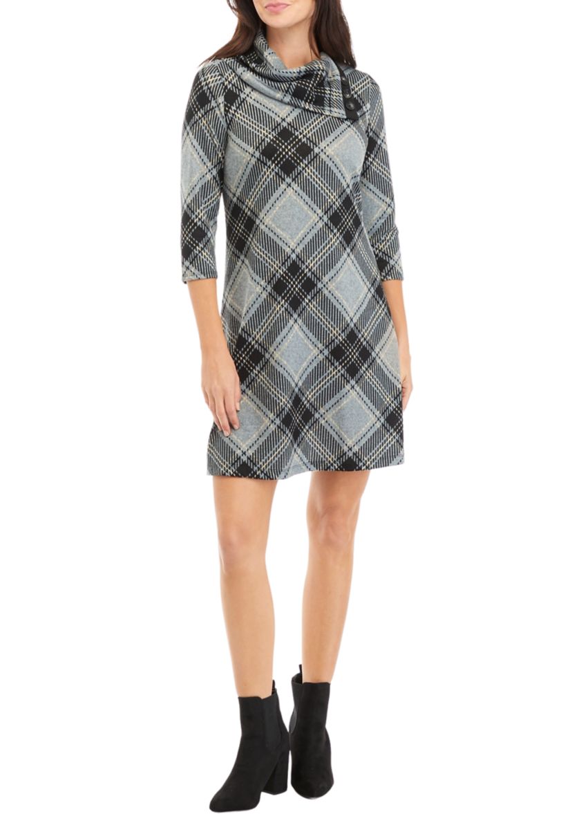 Womens 3/4 Sleeve Plaid A-Line Cozy Dress