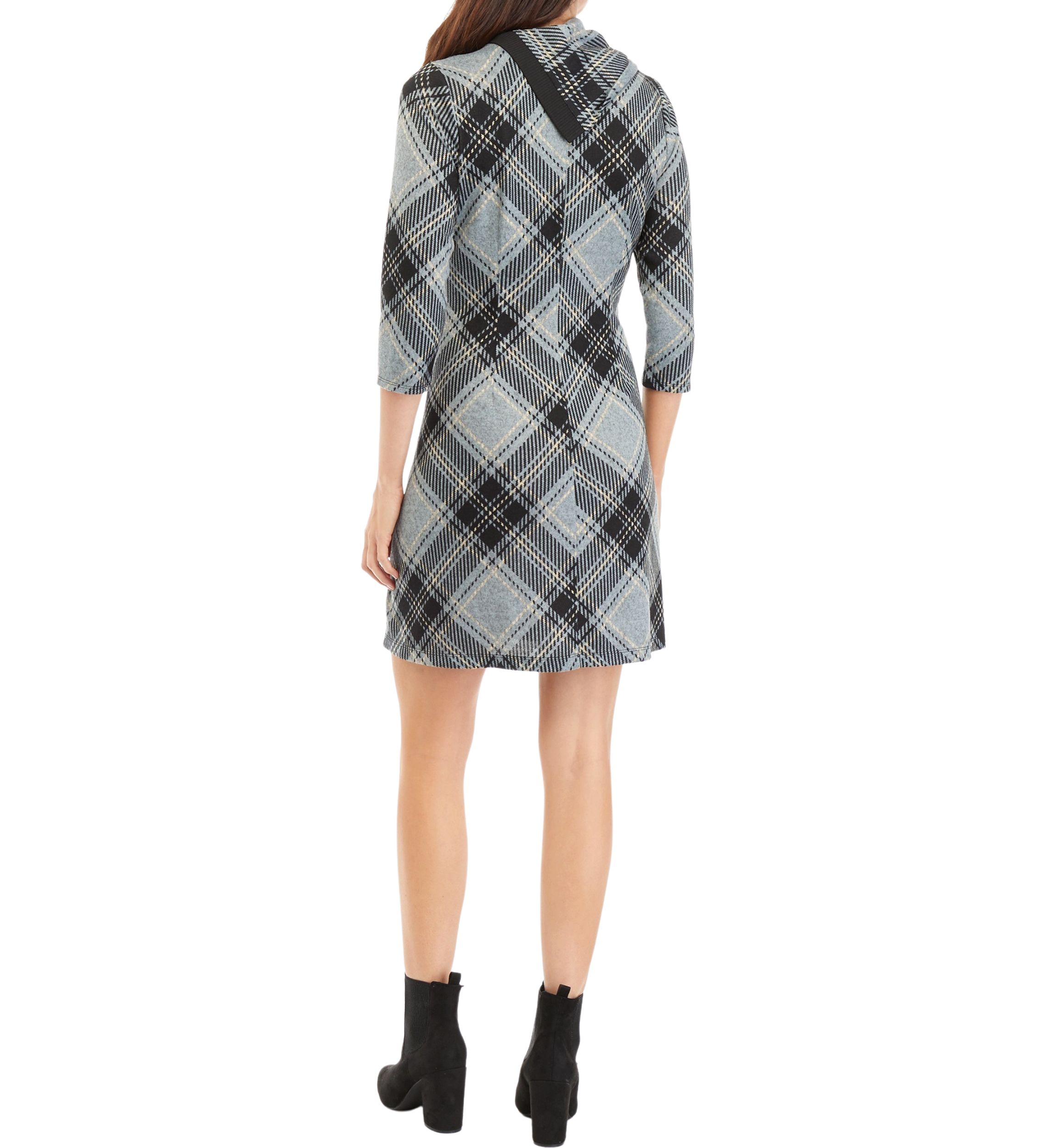 Womens 3/4 Sleeve Plaid A-Line Cozy Dress