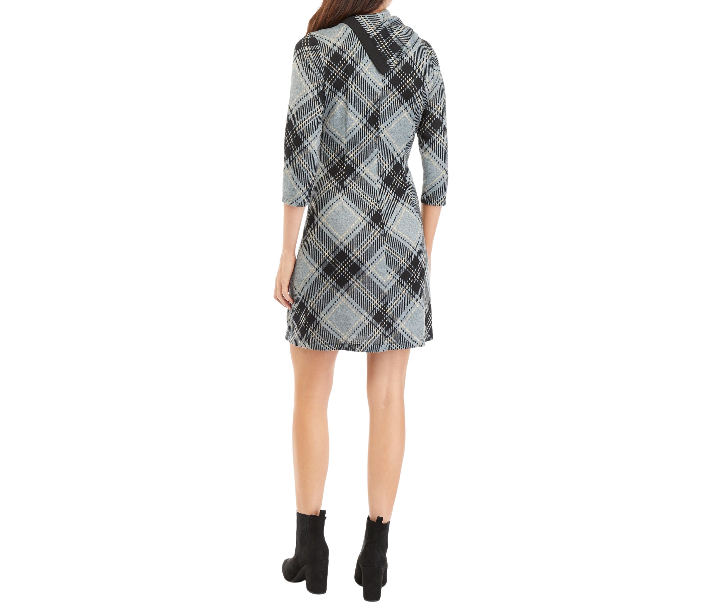 Womens 3/4 Sleeve Plaid A-Line Cozy Dress
