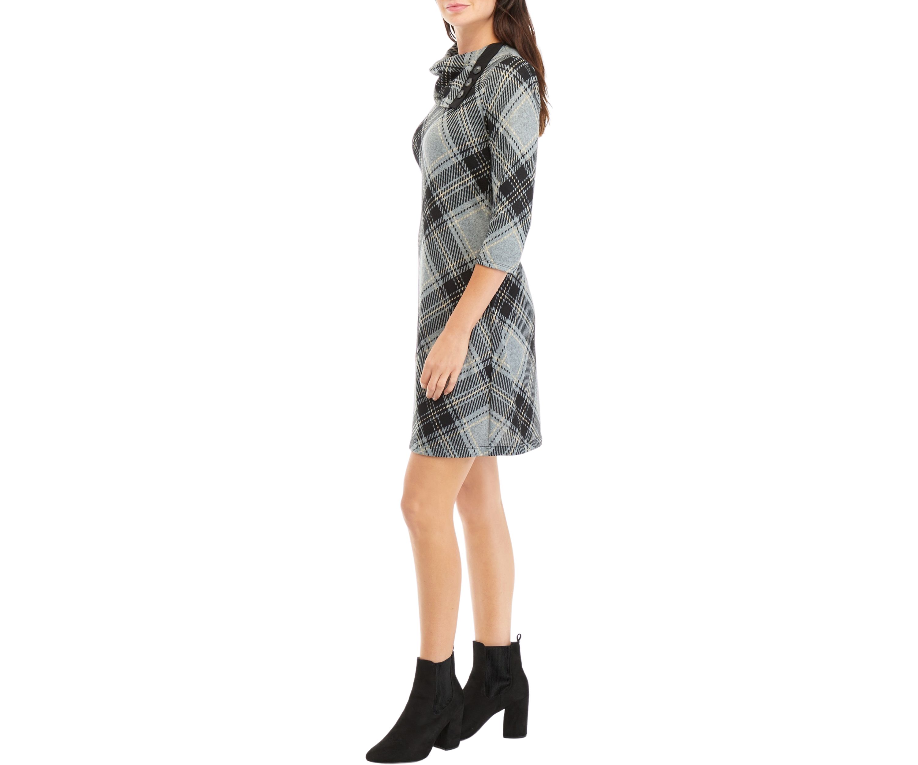 Womens 3/4 Sleeve Plaid A-Line Cozy Dress