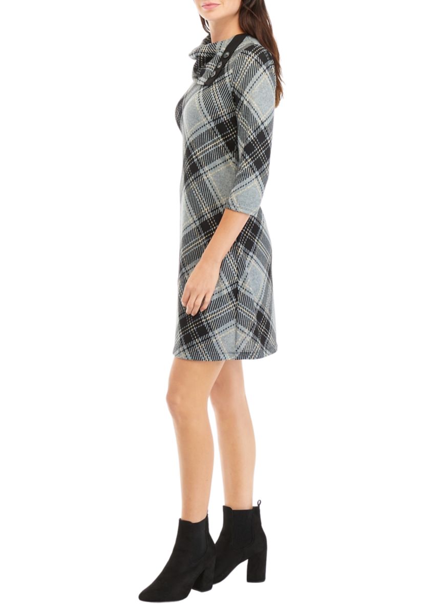Womens 3/4 Sleeve Plaid A-Line Cozy Dress