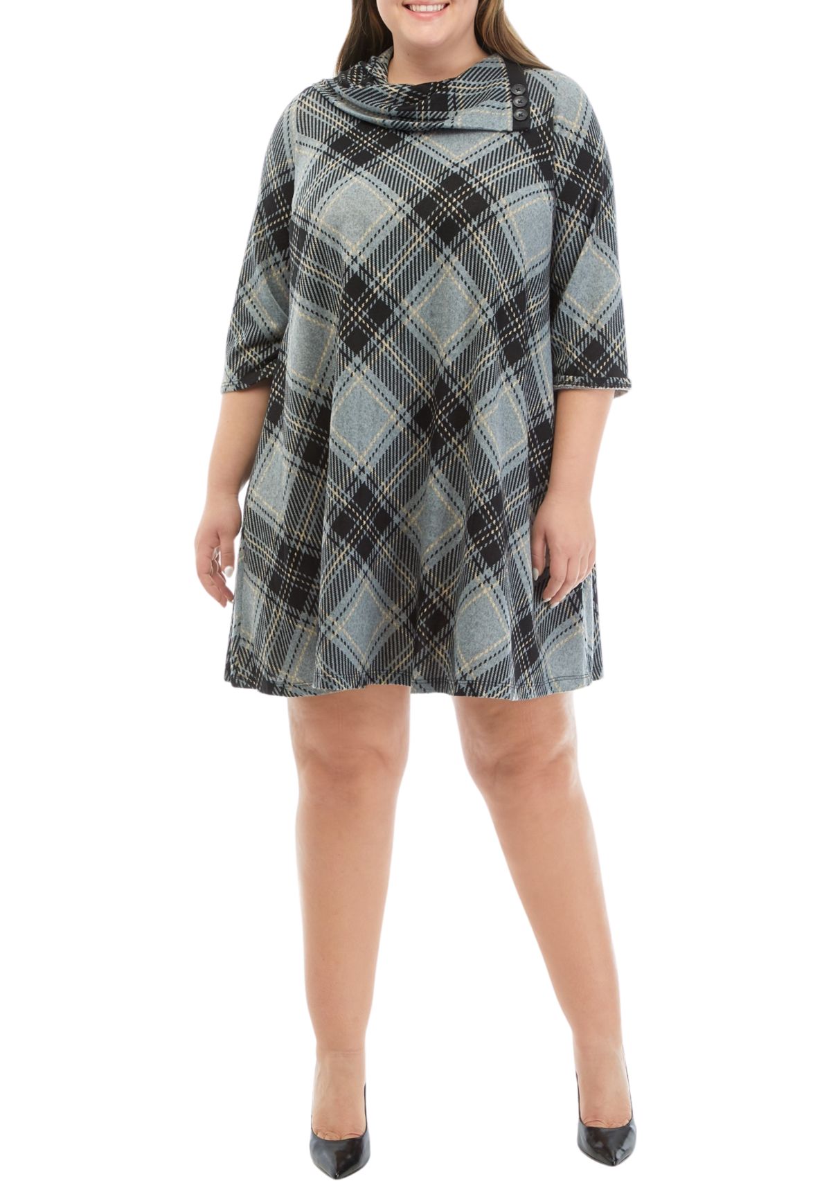 Plus Size Envelope Neck Plaid Cozy Fit and Flare Dress