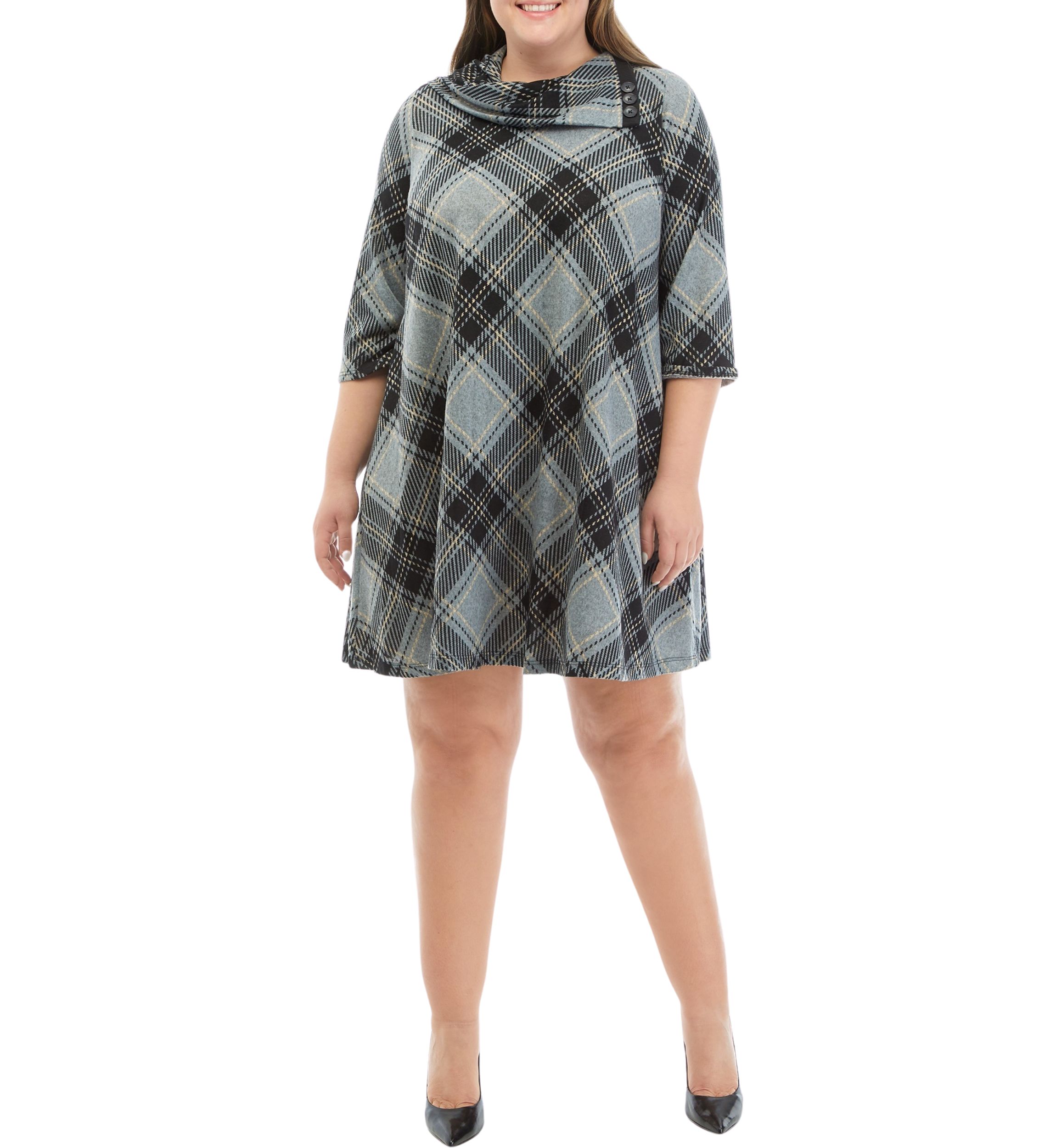 Plus Size Envelope Neck Plaid Cozy Fit and Flare Dress