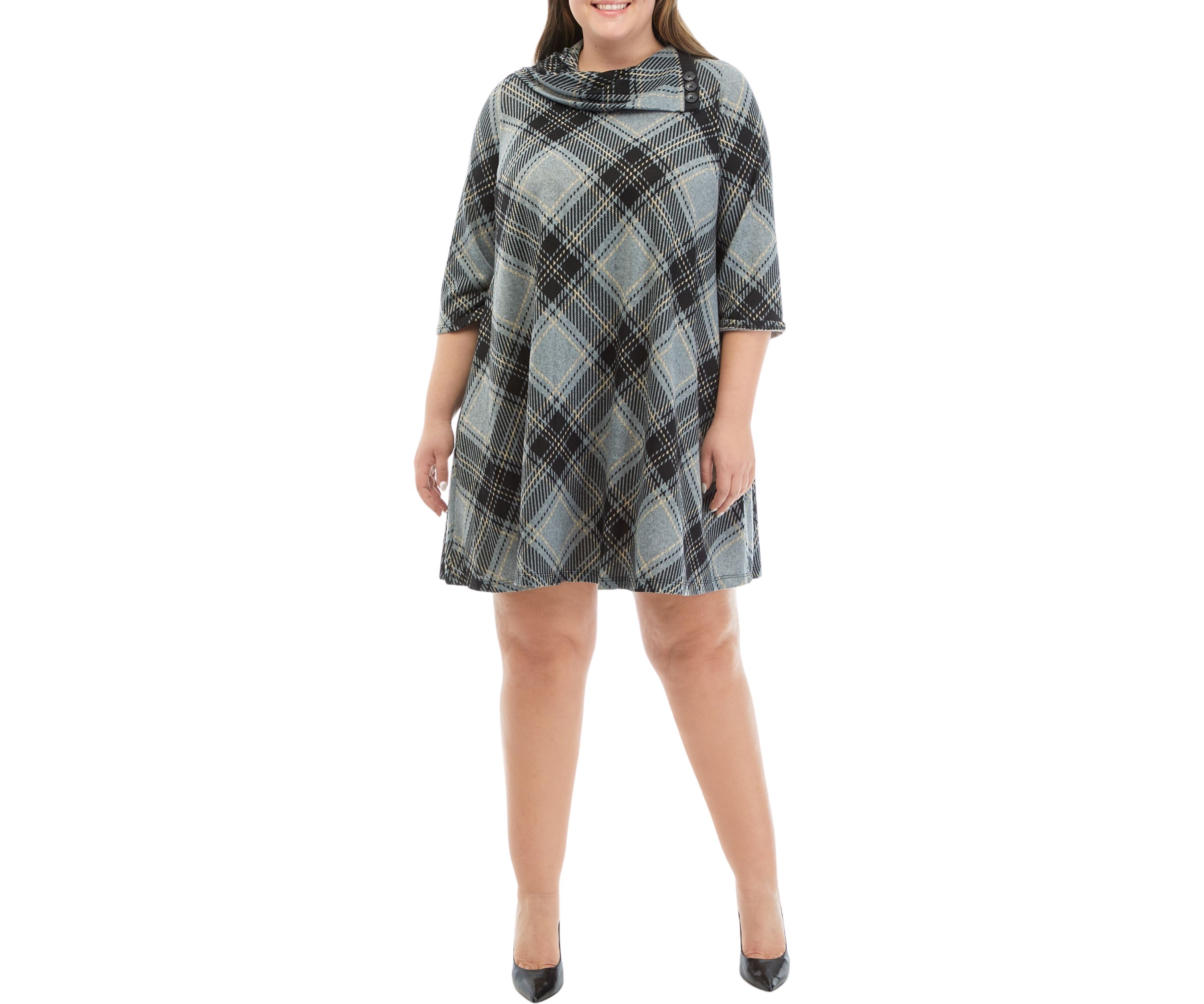 Plus Size Envelope Neck Plaid Cozy Fit and Flare Dress