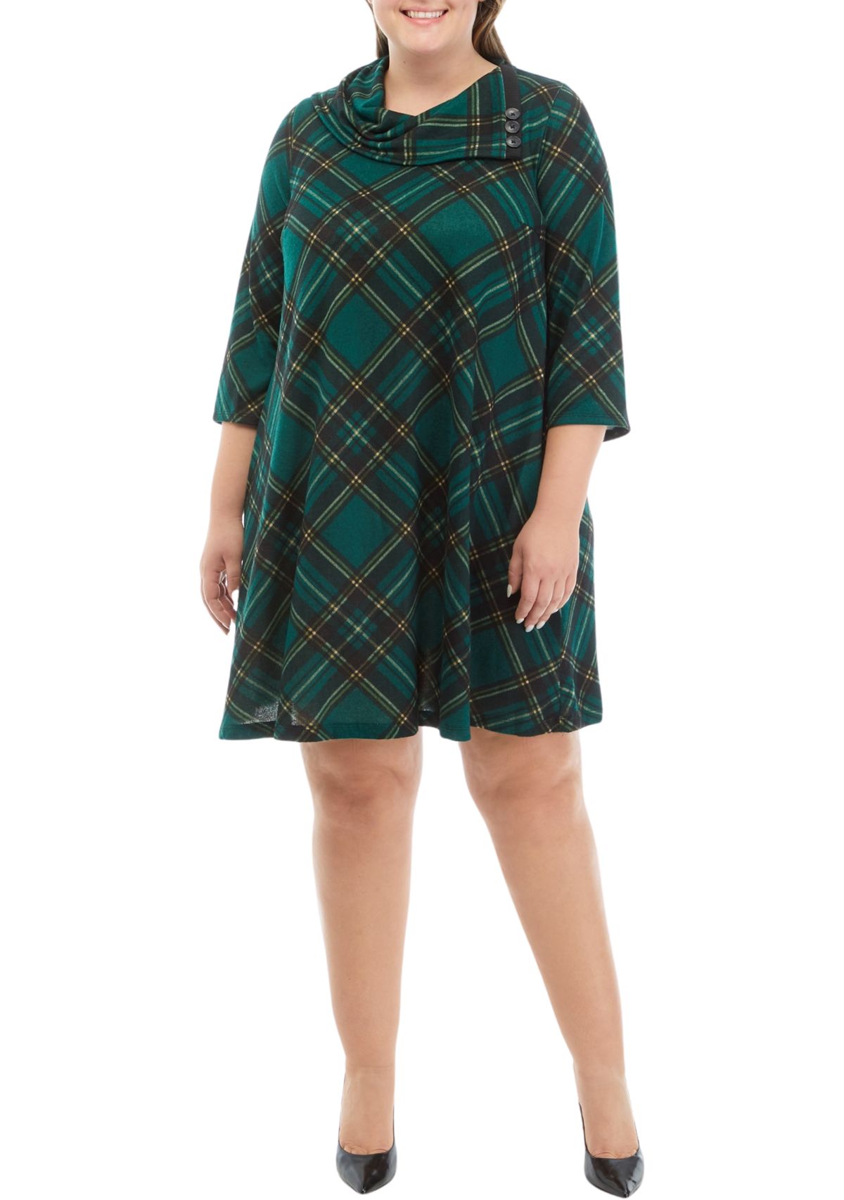 Plus Size Envelope Neck Plaid Cozy Fit and Flare Dress