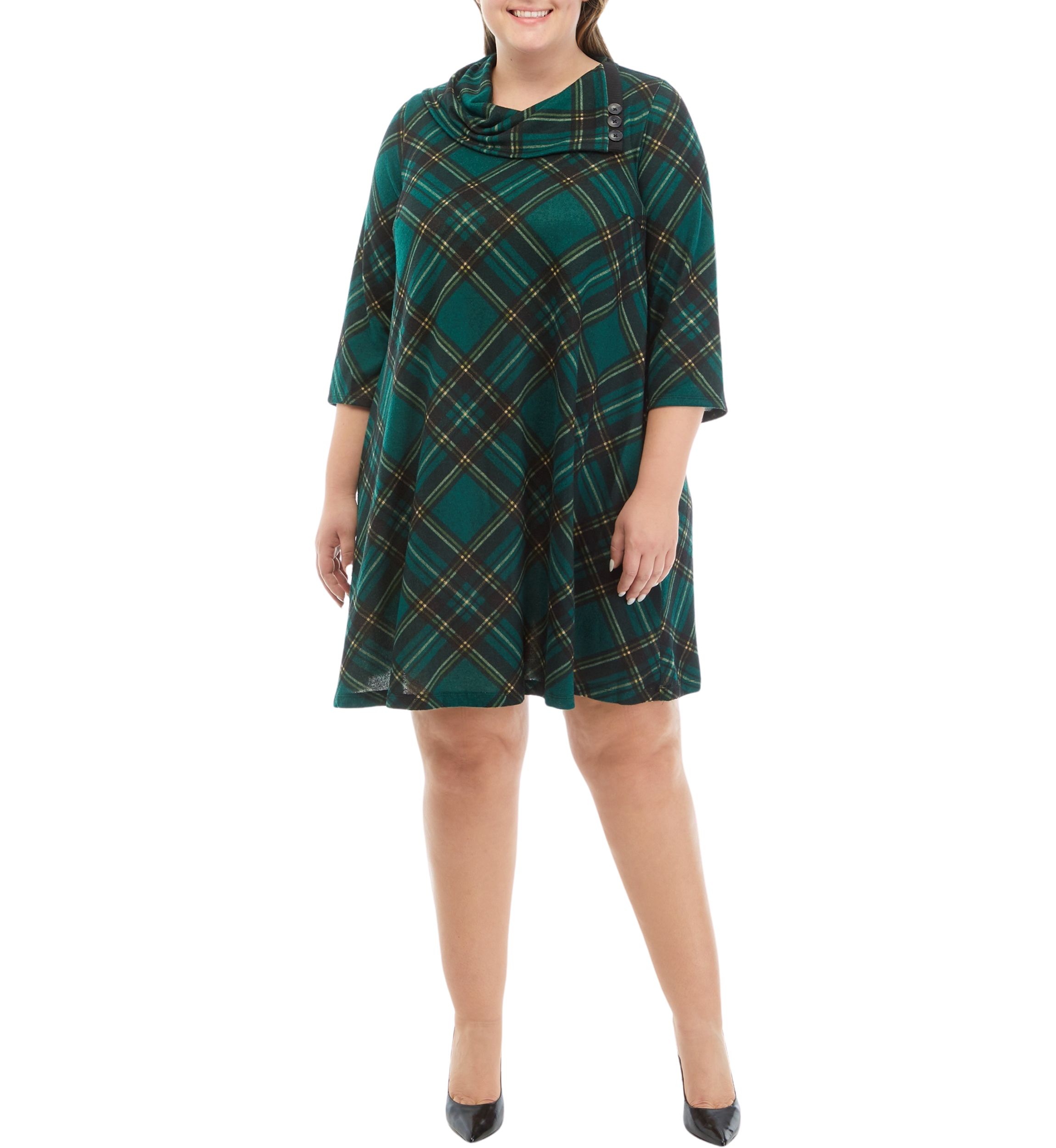Plus Size Envelope Neck Plaid Cozy Fit and Flare Dress