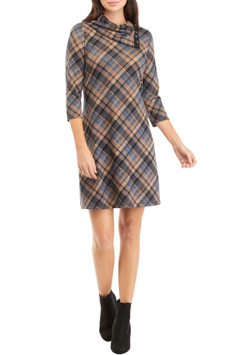 Womens 3/4 Sleeve Plaid A-Line Cozy Dress