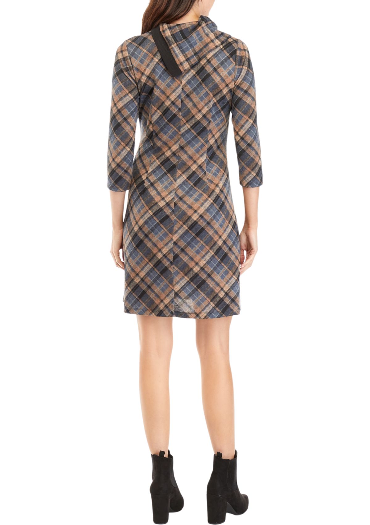 Womens 3/4 Sleeve Plaid A-Line Cozy Dress
