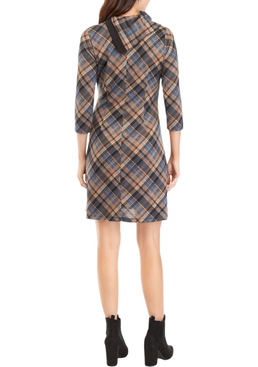 Womens 3/4 Sleeve Plaid A-Line Cozy Dress