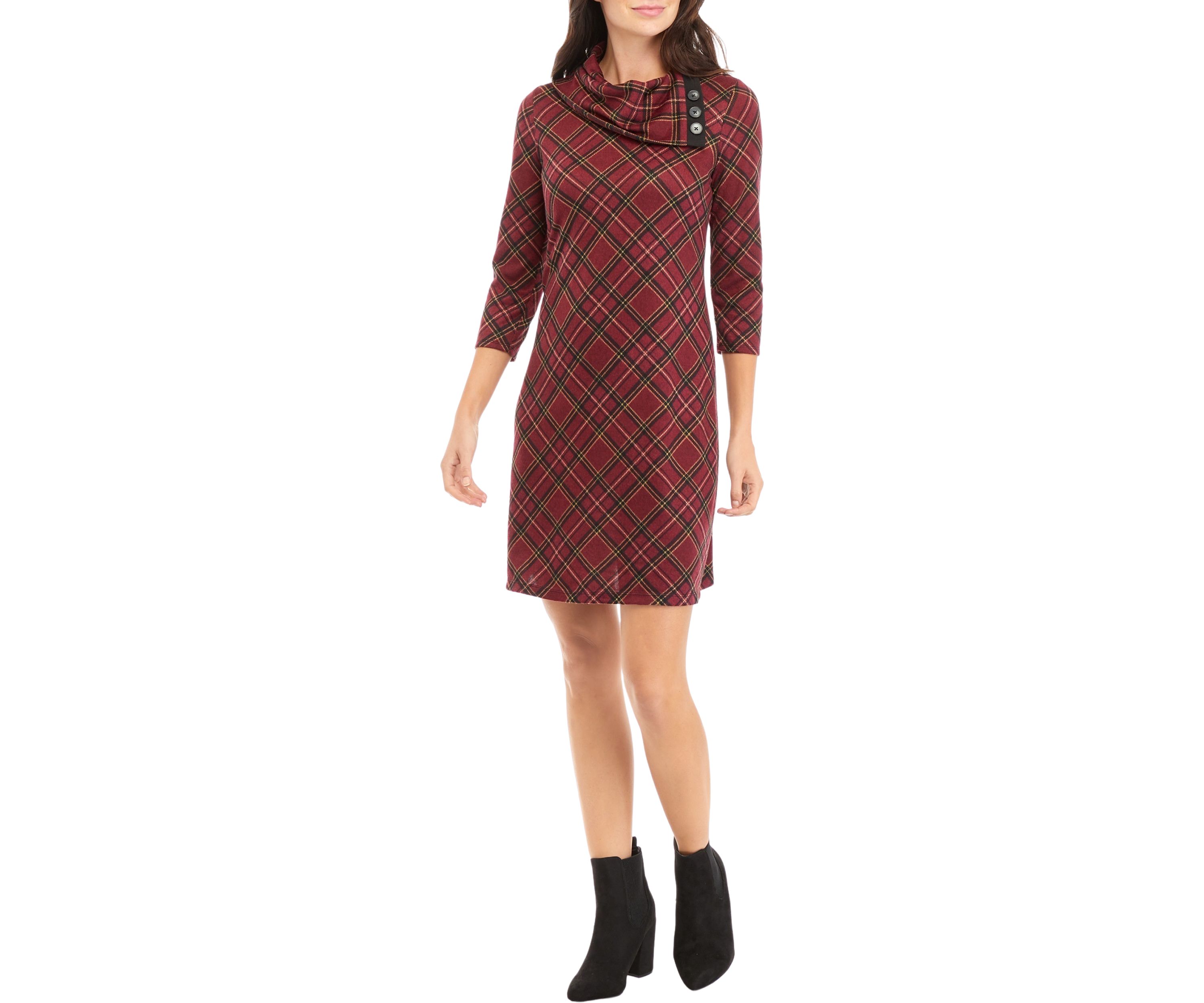 Womens 3/4 Sleeve Plaid A-Line Cozy Dress