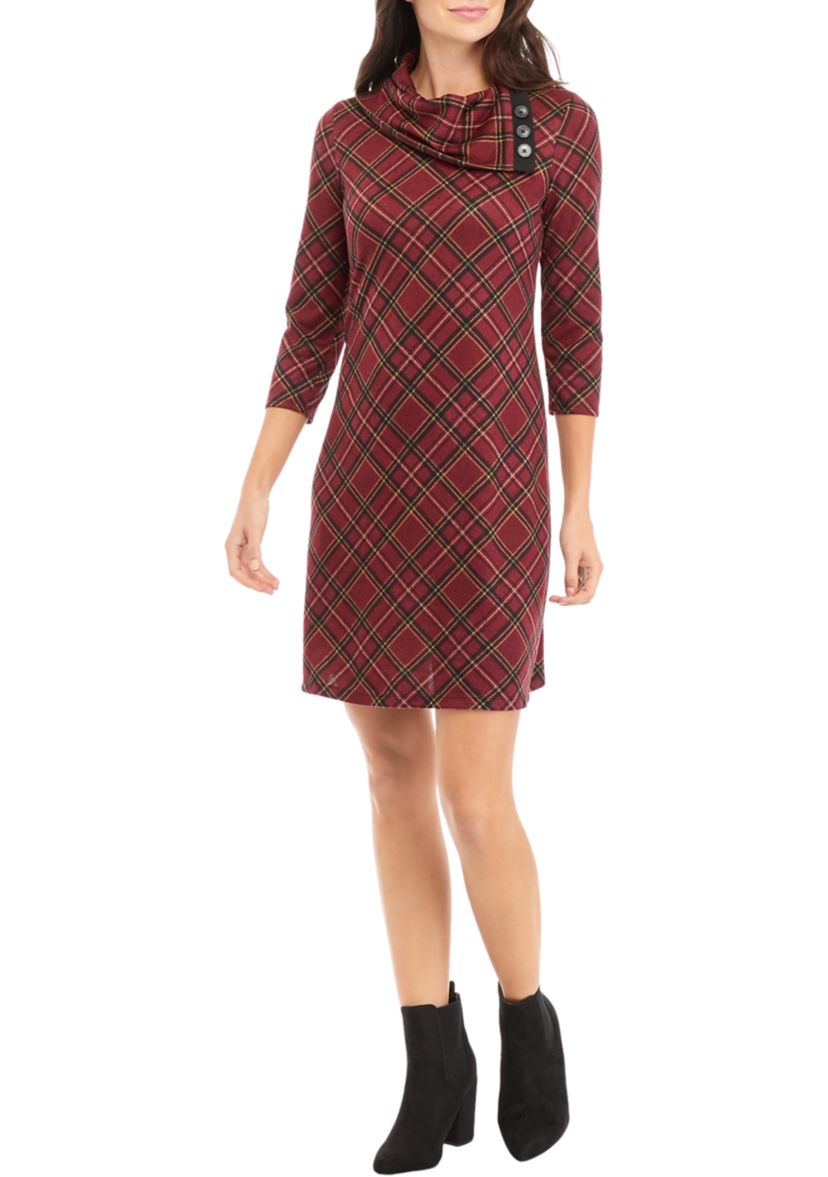 Womens 3/4 Sleeve Plaid A-Line Cozy Dress