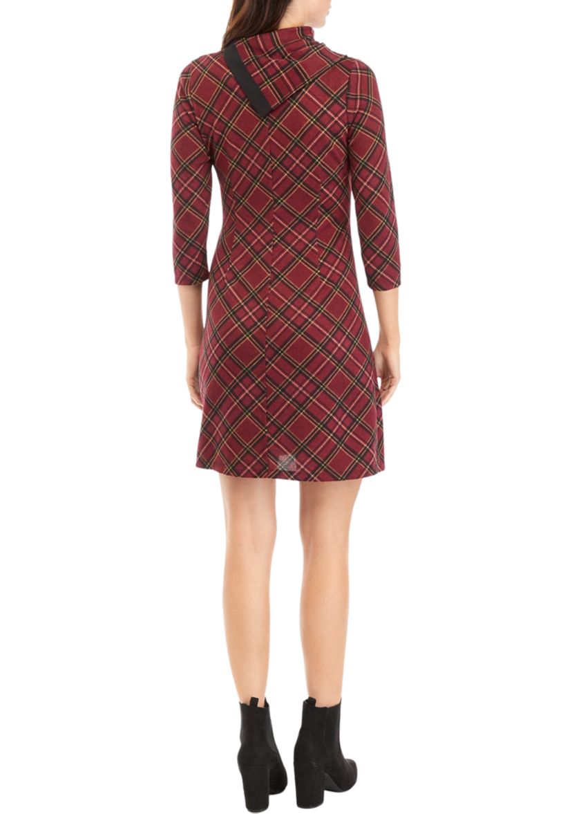 Womens 3/4 Sleeve Plaid A-Line Cozy Dress