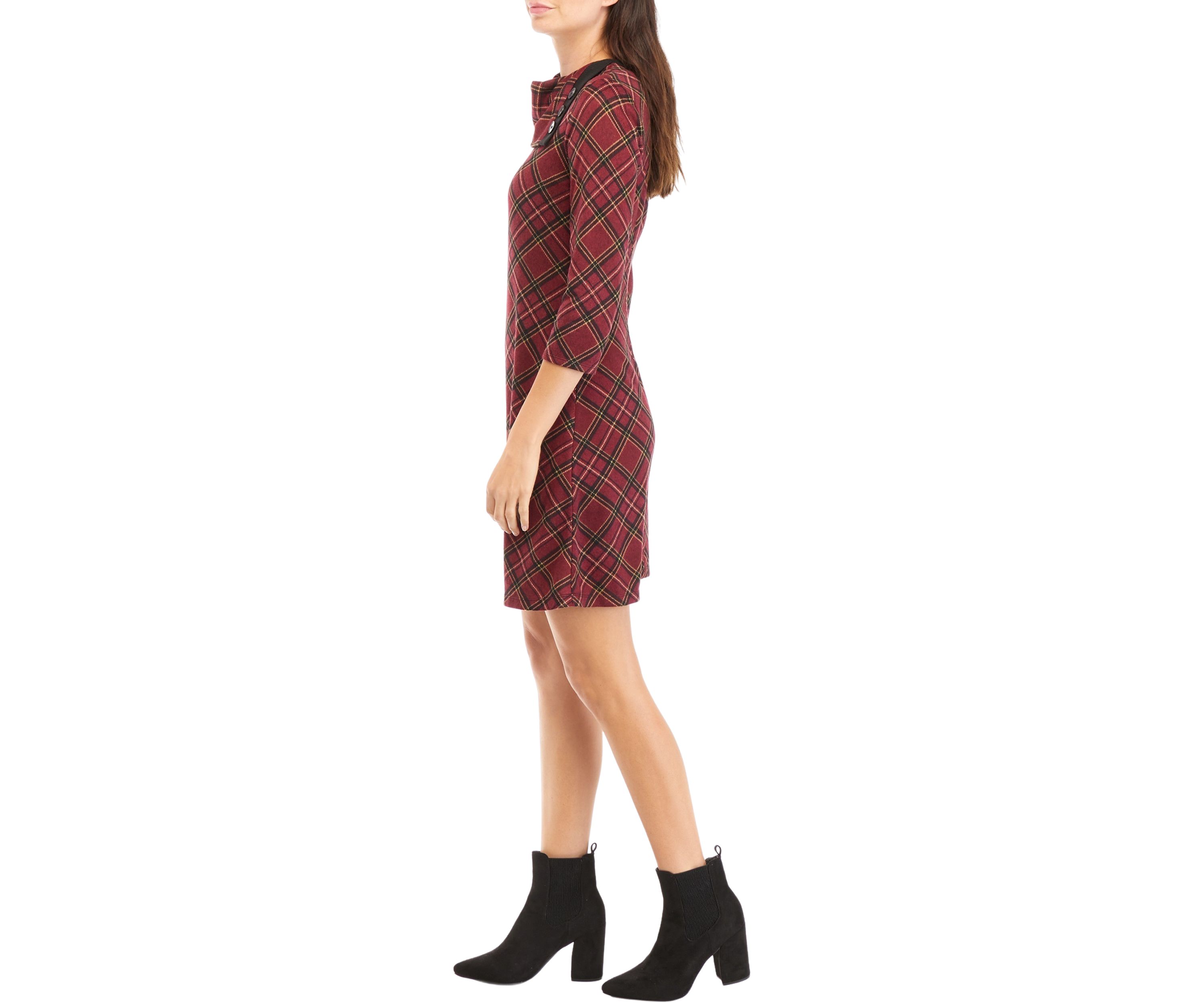 Womens 3/4 Sleeve Plaid A-Line Cozy Dress