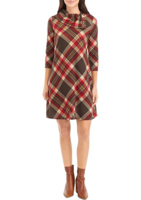 Women's 3/4 Sleeve Plaid A-Line Cozy Dress