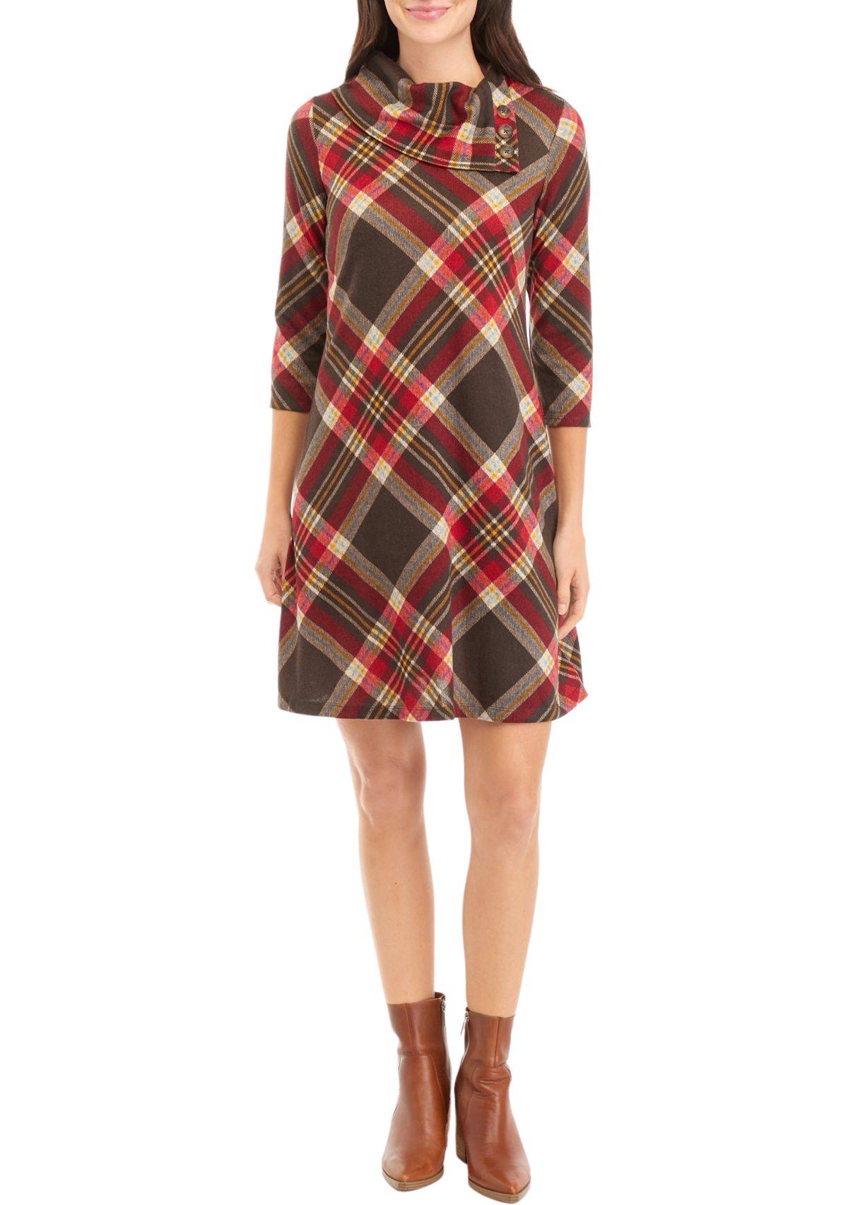 Womens 3/4 Sleeve Plaid A-Line Cozy Dress