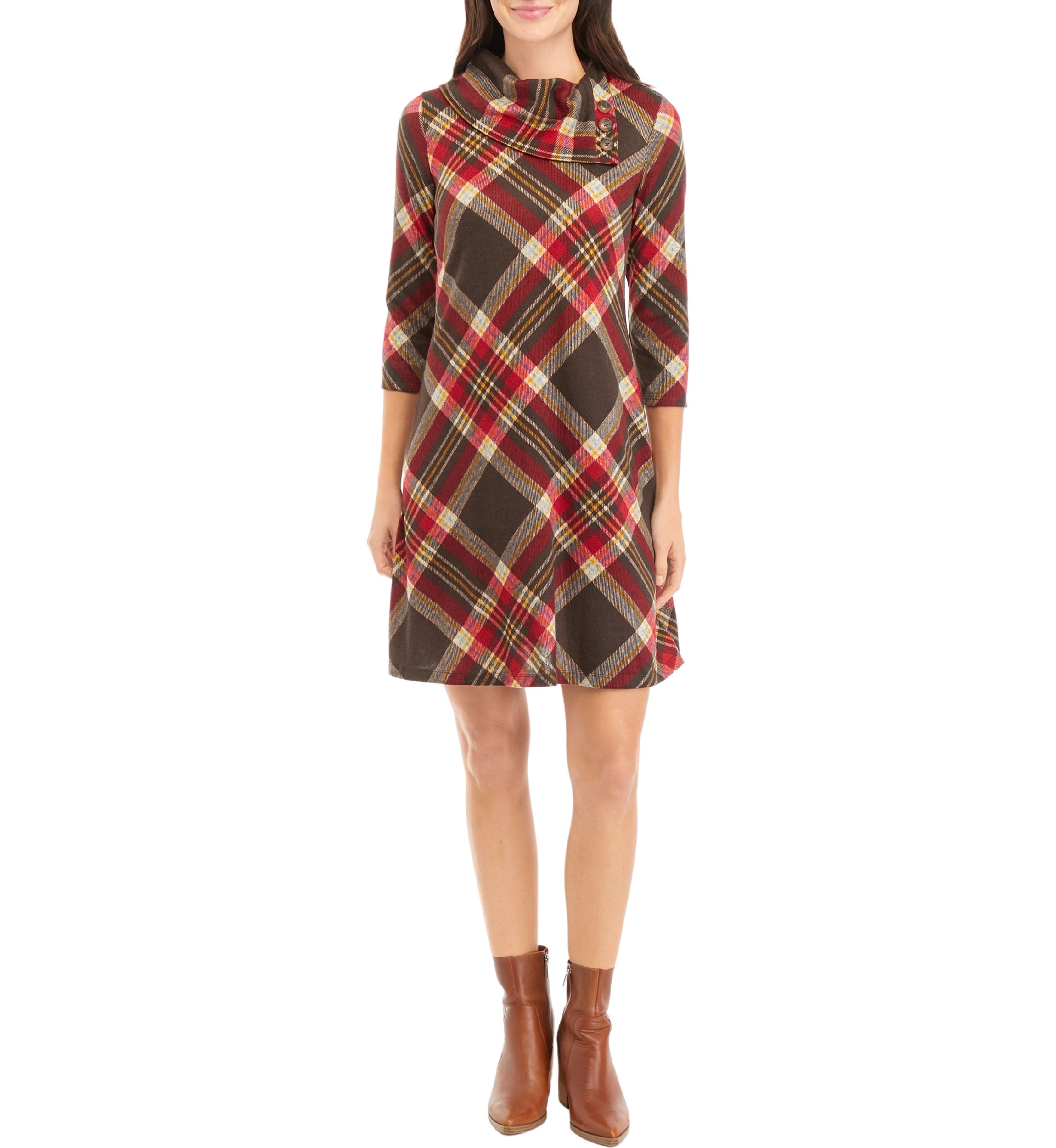 Womens 3/4 Sleeve Plaid A-Line Cozy Dress
