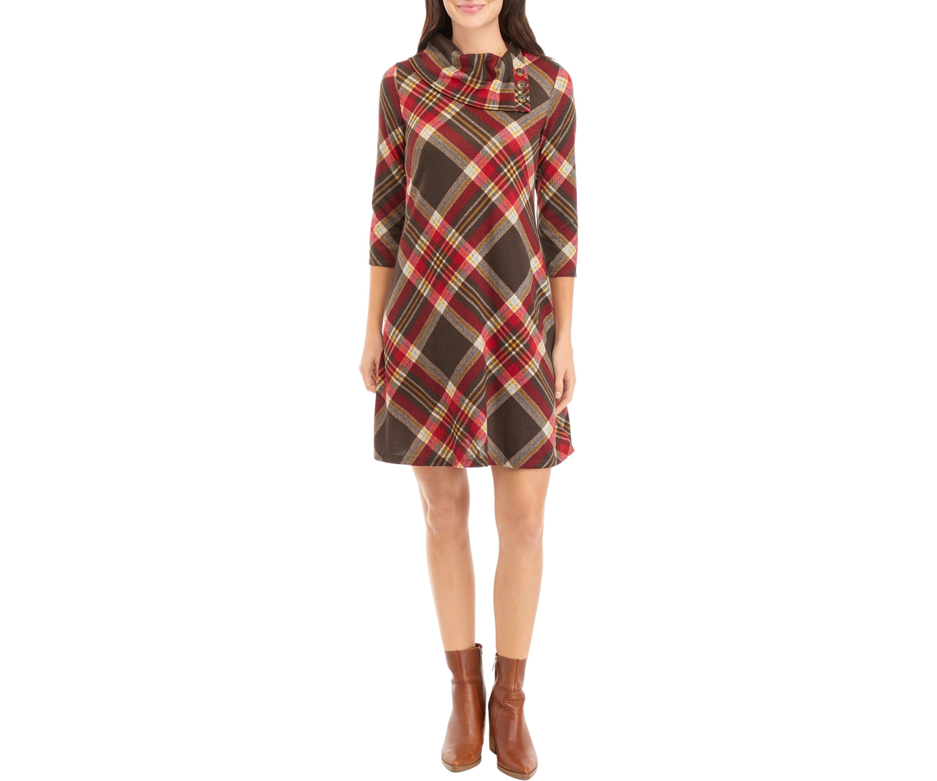 Womens 3/4 Sleeve Plaid A-Line Cozy Dress