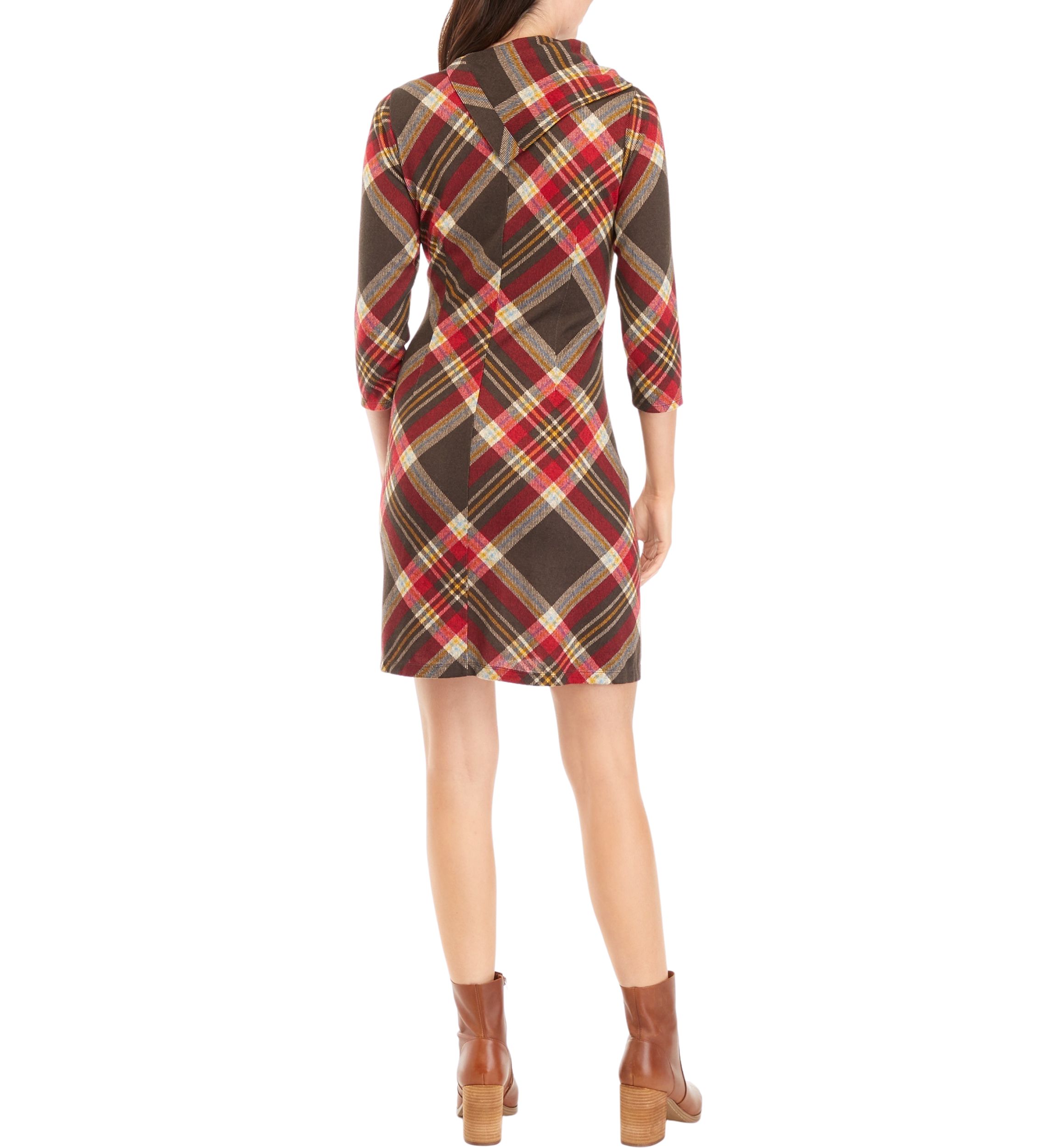 Womens 3/4 Sleeve Plaid A-Line Cozy Dress