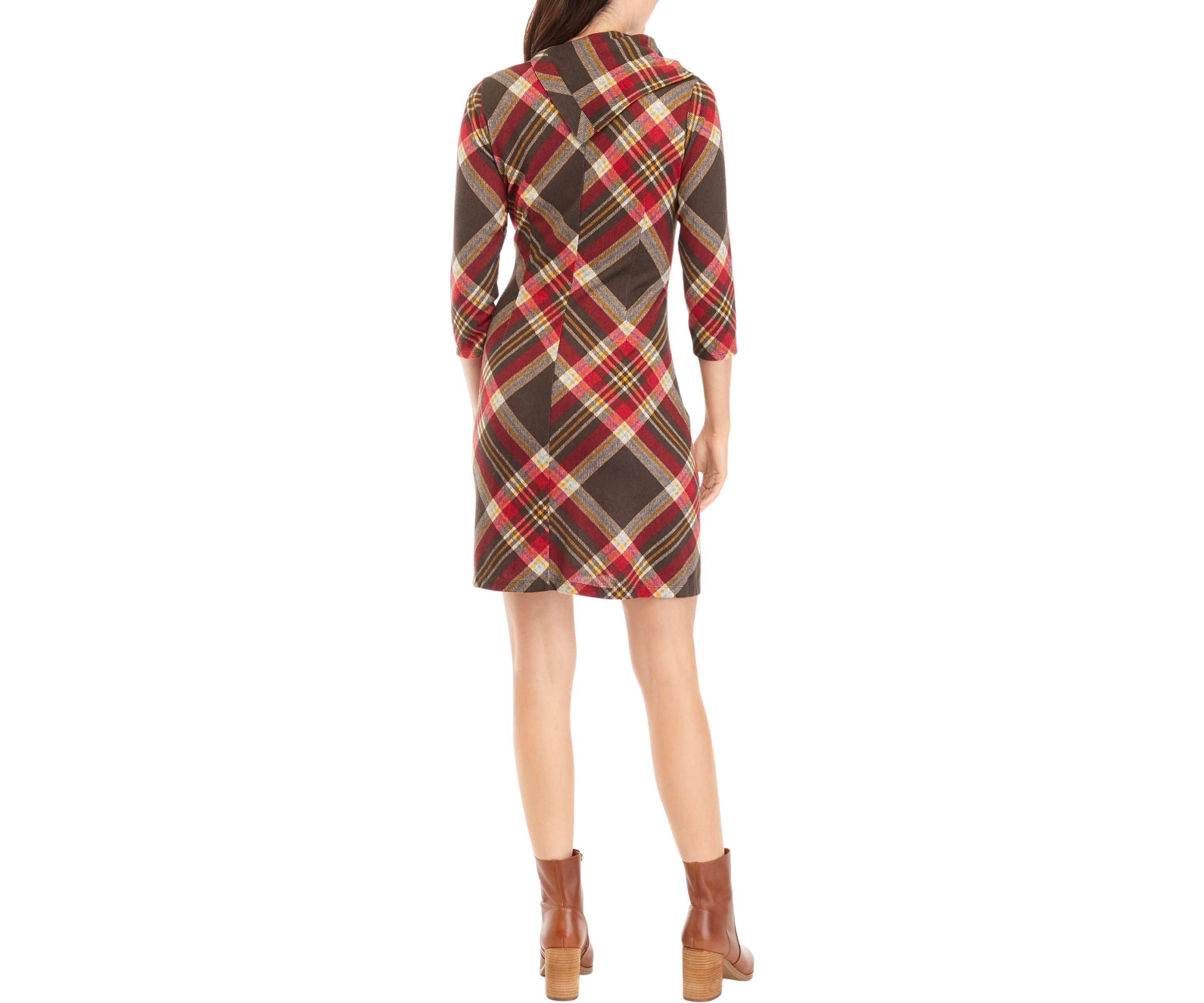 Womens 3/4 Sleeve Plaid A-Line Cozy Dress