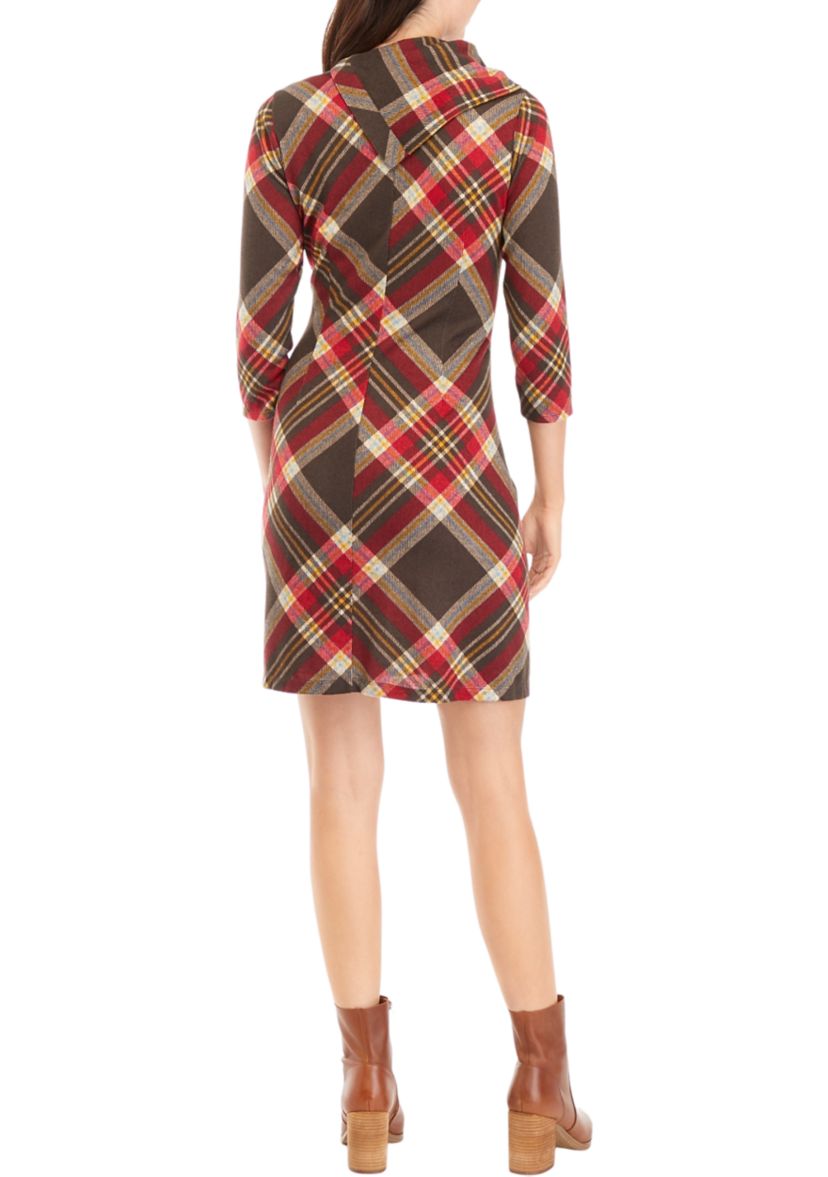 Womens 3/4 Sleeve Plaid A-Line Cozy Dress