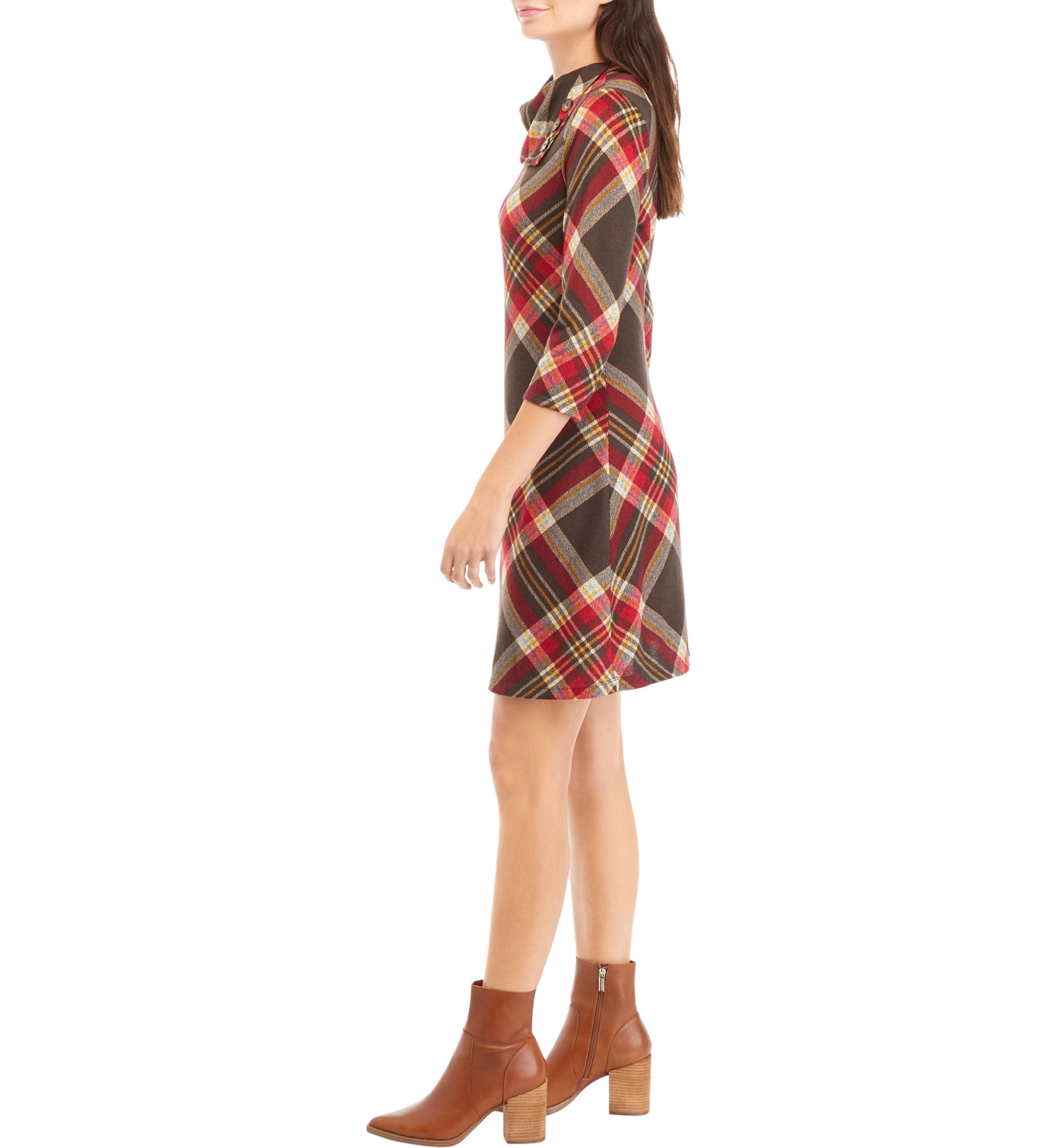 Womens 3/4 Sleeve Plaid A-Line Cozy Dress