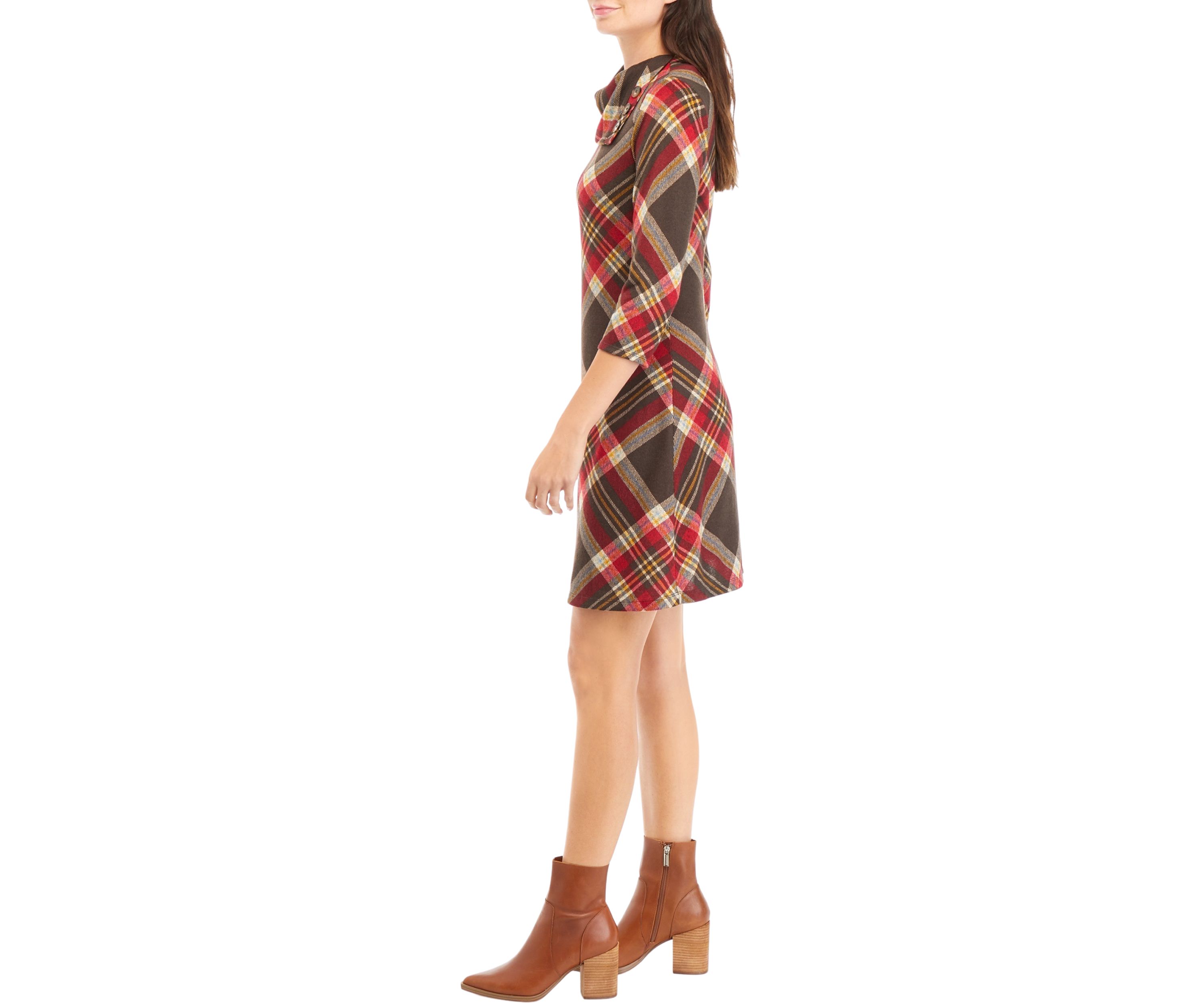 Womens 3/4 Sleeve Plaid A-Line Cozy Dress