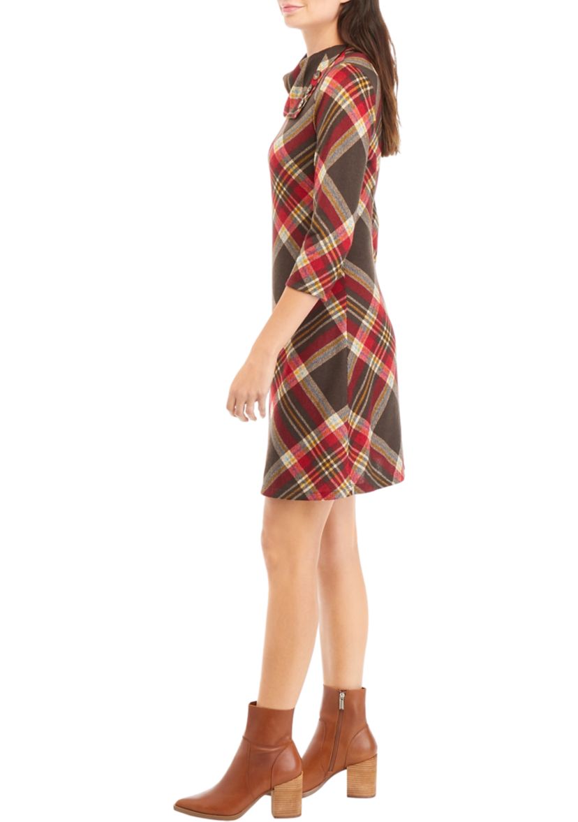 Womens 3/4 Sleeve Plaid A-Line Cozy Dress