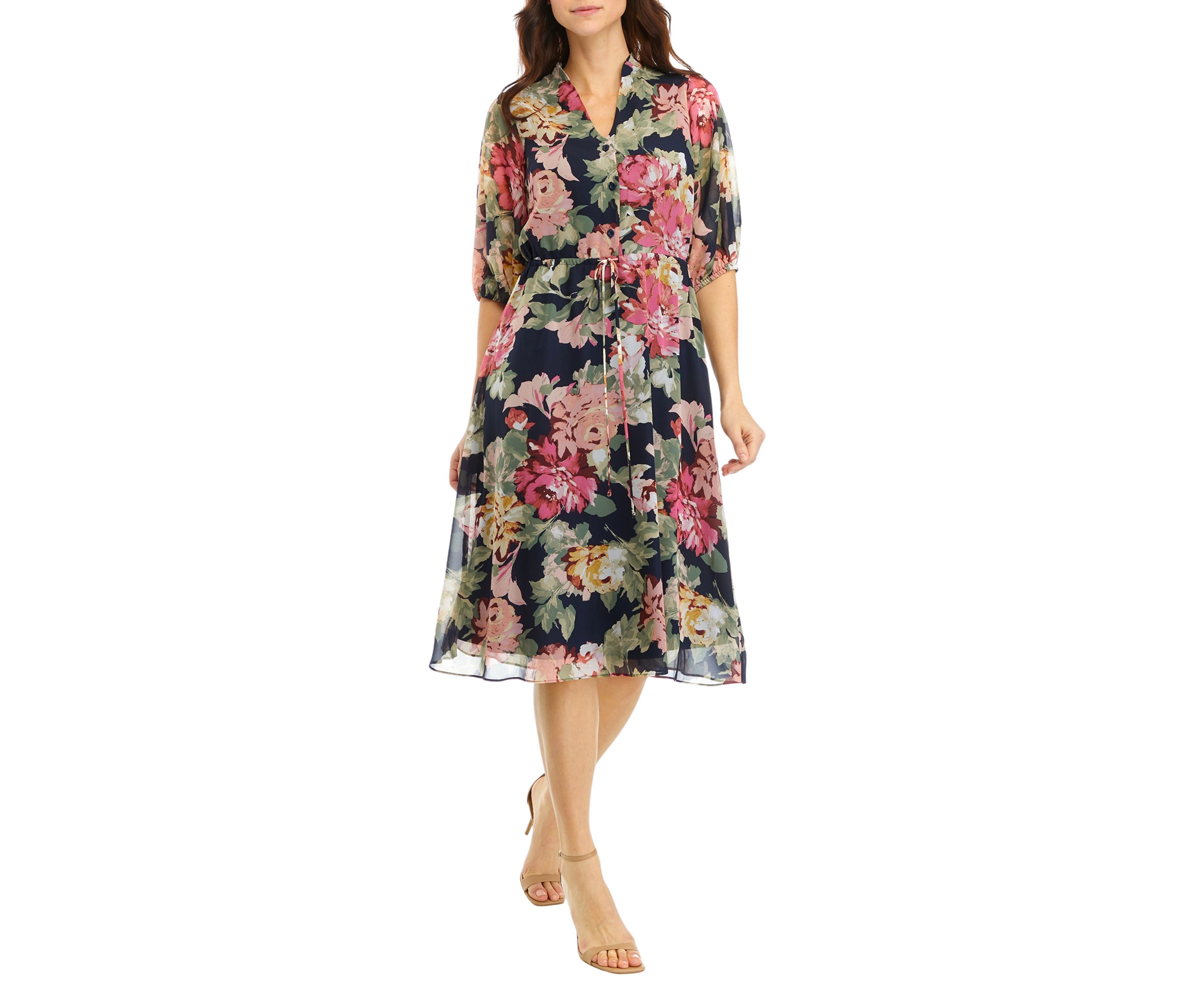 Womens 3/4 Sleeve V-Neck Floral Print Chiffon Dress