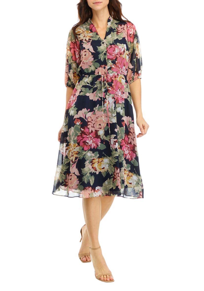 Womens 3/4 Sleeve V-Neck Floral Print Chiffon Dress