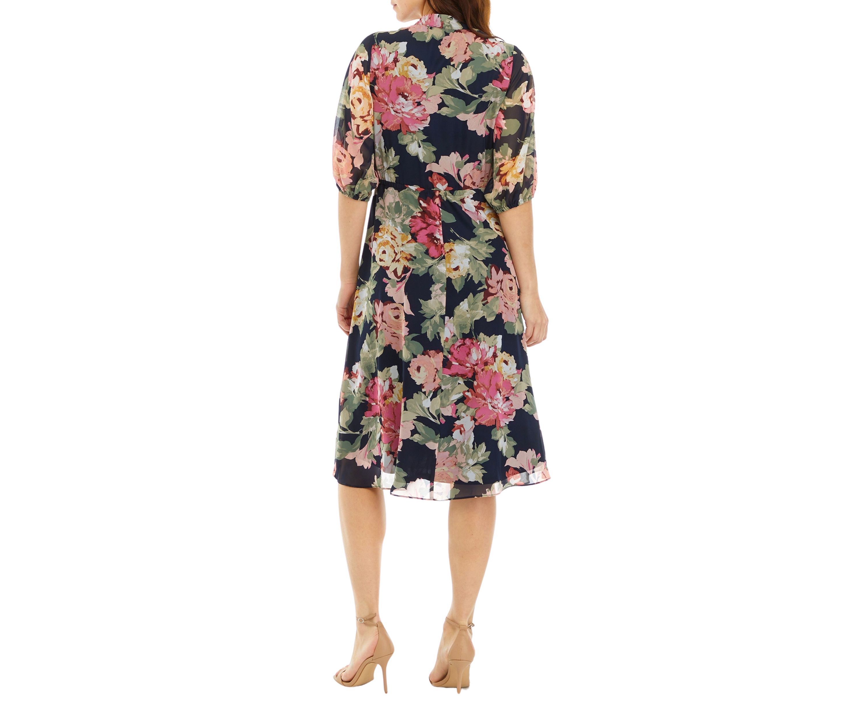 Womens 3/4 Sleeve V-Neck Floral Print Chiffon Dress